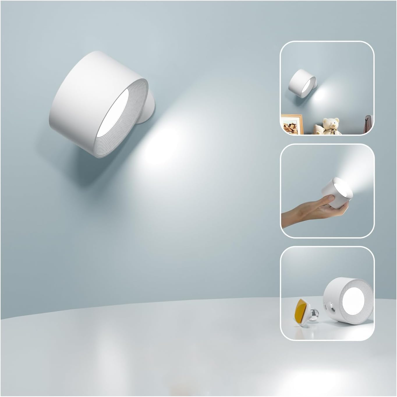 Biała lampa ścienna, 7,5 x 7,5 x 4,5 cm, 1 światło trójkolorowe, magnetyczna kula plastikowa, sterowanie dotykowe, lampka nocna