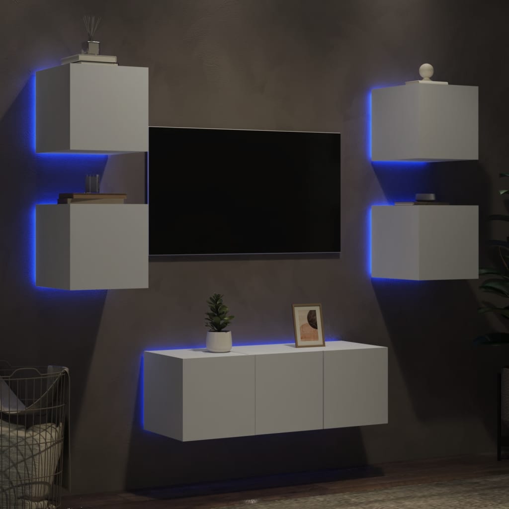 Mobili TV - Mobili TV a Muro con LED 6pz Bianchi in Legno Multistrato