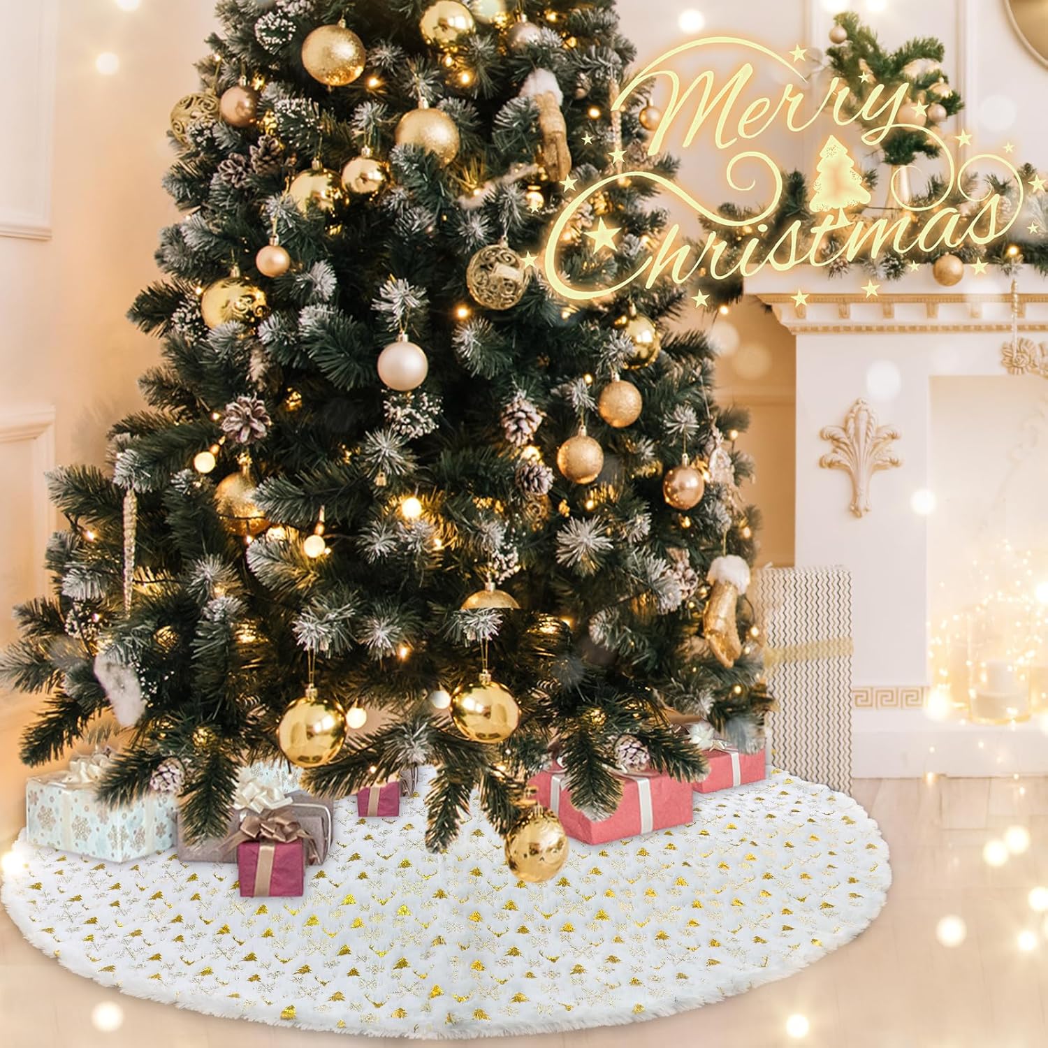 Jupe De Sapin De Noël 90cm En Fausse Peluche Blanche - Motif Flocons Argentés, Pour Pied De Sapin