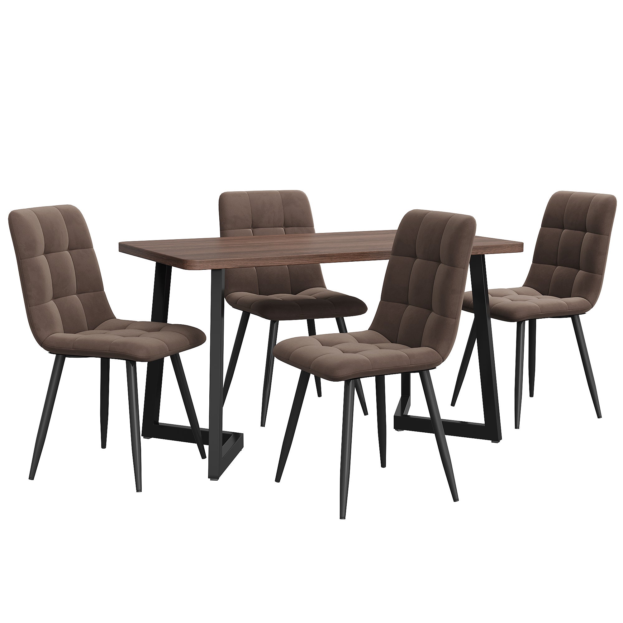 Ensemble table à manger avec 4 chaises en velours - 117 x 68 x 75 cm - MDF et pieds en métal doré - Noyer + marron - 4
