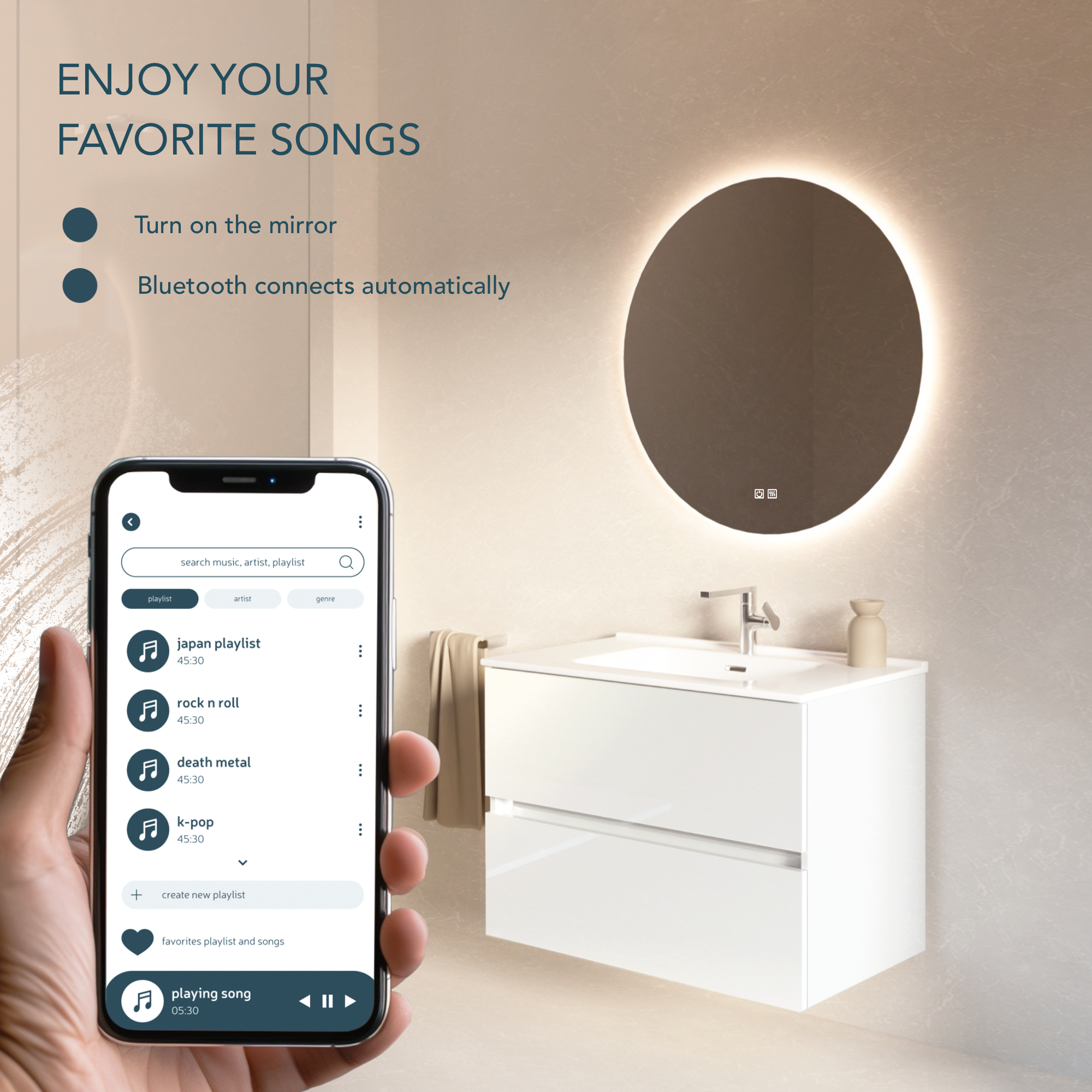 Miroir rond Bluetooth 60 cm Feel Your Bath, LED Réglable, Interrupteur Tactile, Antibuée et Arrêt Automatique - 2
