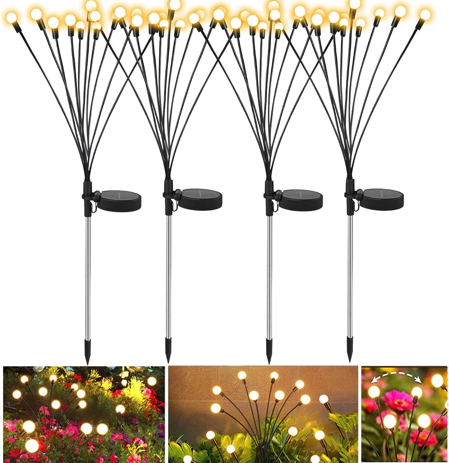 Lampy solarne zewnętrzne, zestaw 4 sztuk, 10 lampek LED Firefly do dekoracji ogrodu, balkonu, wodoodporność IP65 (ciepła biel)