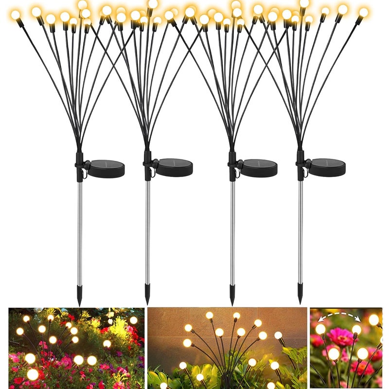 Lampy solarne zewnętrzne, zestaw 4 sztuk, 10 lampek LED Firefly do dekoracji ogrodu, balkonu, wodoodporność IP65 (ciepła biel)