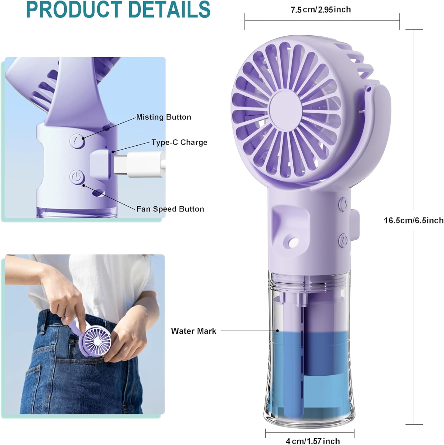 Ventilatore Portatile A Mano USB-C Ricaricabile | 4000 MAh 5 Velocità | Bianco Per Viaggi E Esterno - Foto 10