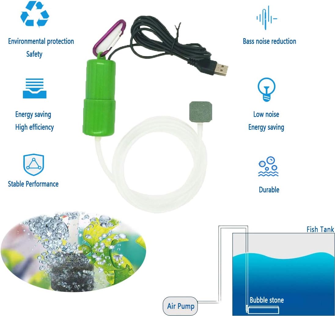 (Verde) Mini bomba de ar USB para aquário, bomba de oxigénio ultra-silenciosa, pequeno gerador de oxigénio para aquário com pedra de ar - 5