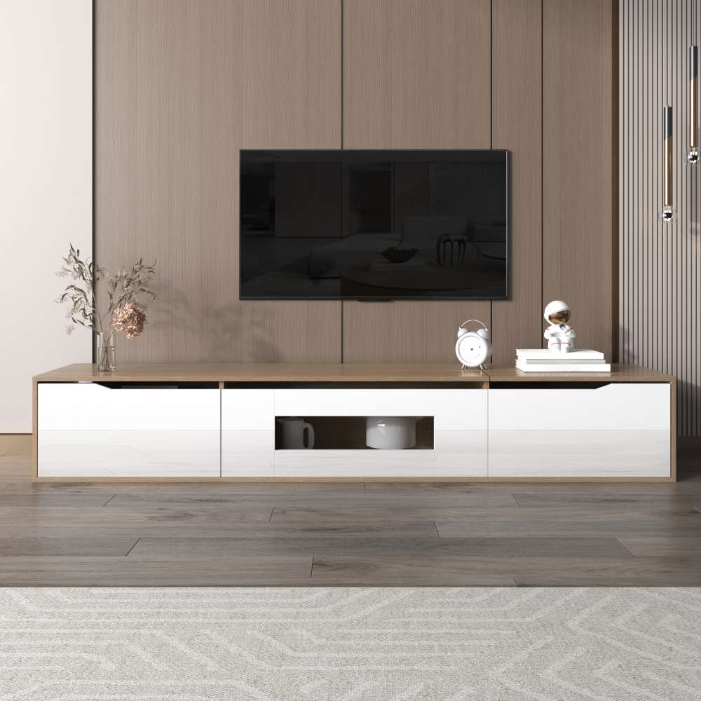 Stojak pod telewizor o wysokim połysku z 16-kolorowym oświetleniem LED, nowoczesny design w kolorze białym i drewnianym, drzwi z rowkami, 180x35x30 cm