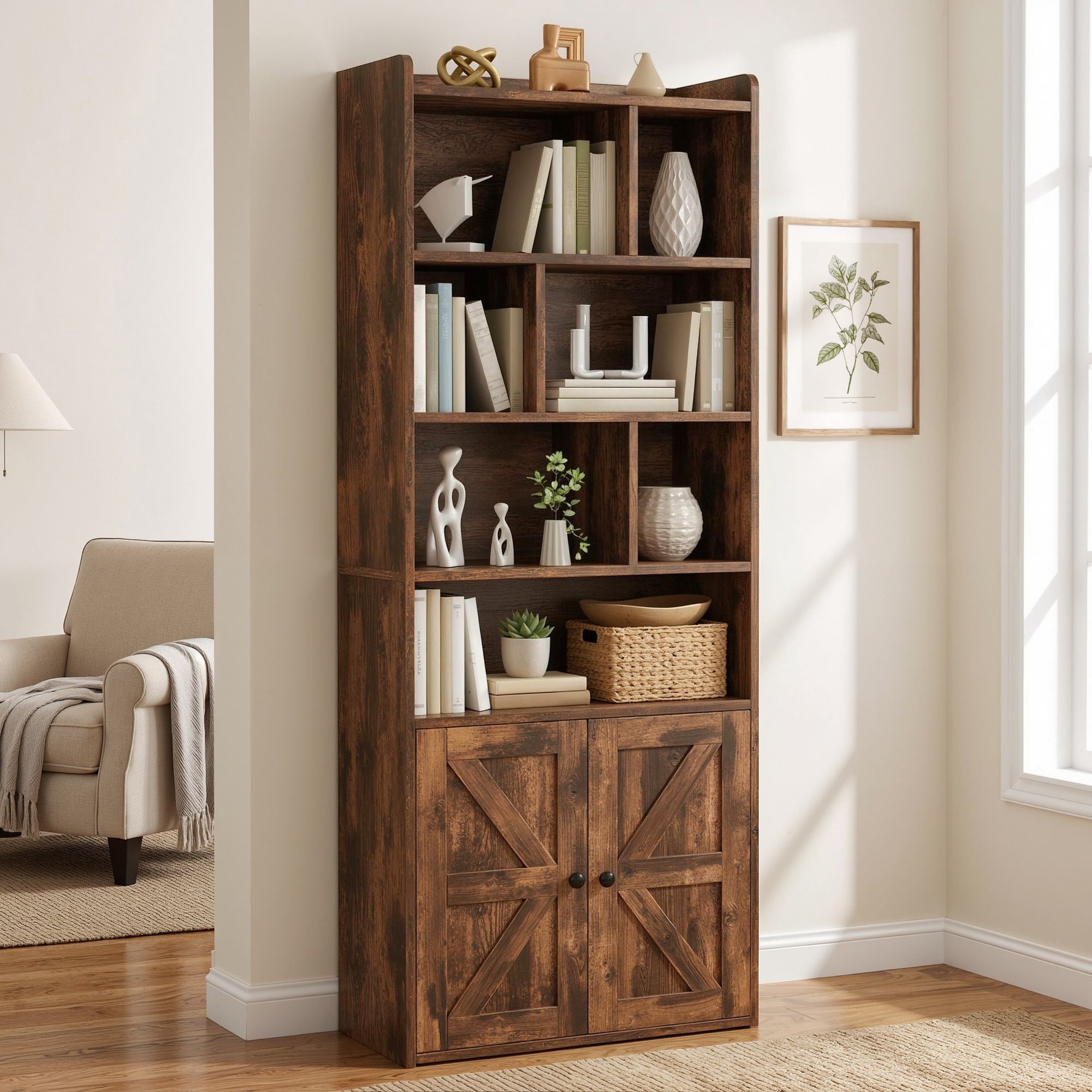 Balconera Bibliothèque à 4 étagères - avec portes et placards - avec compartiments ouverts - marron rustique - 60 x 30 x 159 cm - 6