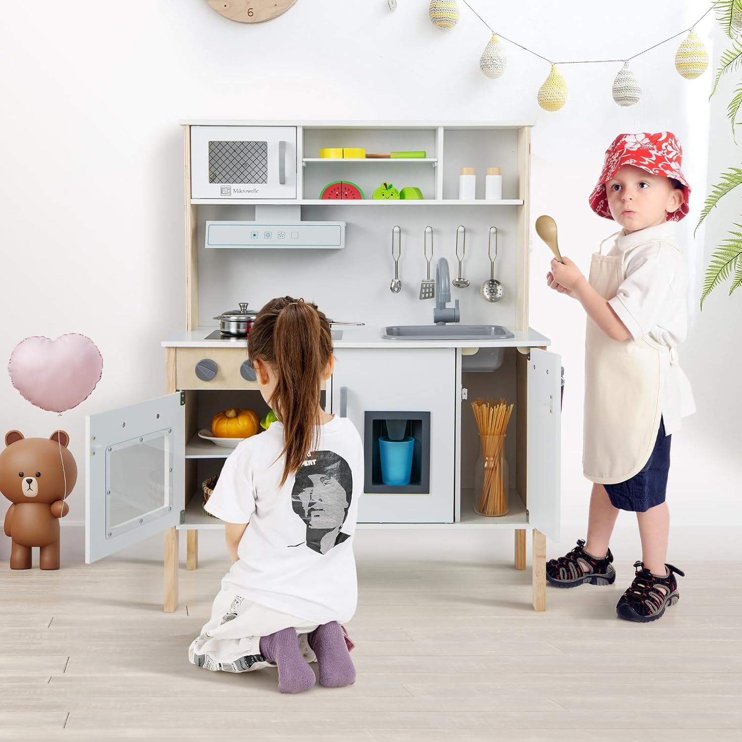WOODENFUN Jeu De Cuisine En Bois – Lumière Et Sons Réels – Ensemble Complet – Cadeau Enfant Fille Garçon 3 Ans + (Blanc Grisâtre)