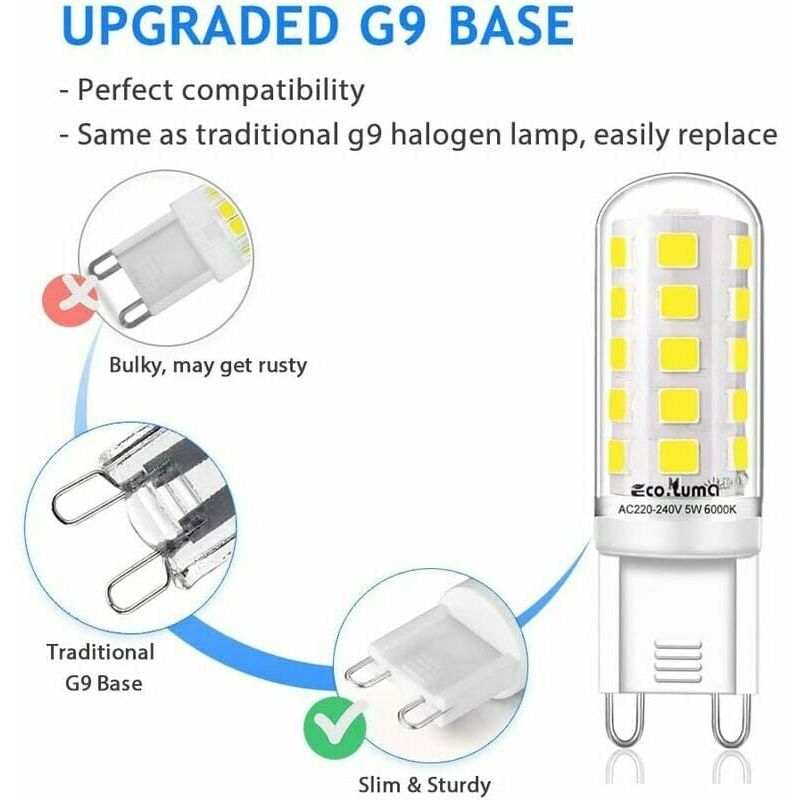 Żarówka LED G9 5W, odpowiednik 40W, zimna biel 6000K, 220-240V, kąt świecenia 360°, niściemnialna, zestaw 5 sztuk