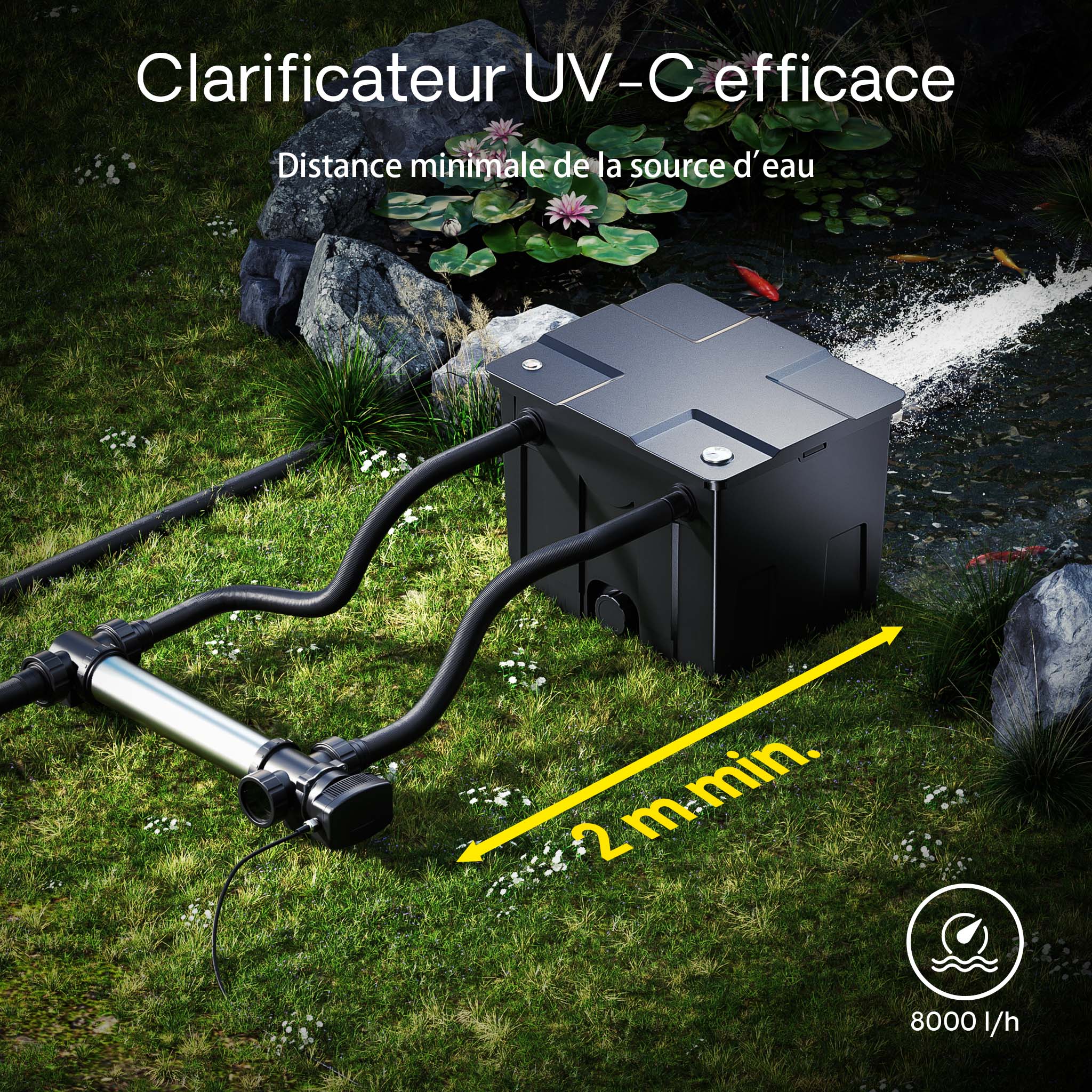 CUV-755 Stérilisateur Clarificateur bassins/étang - débit max. 8000 l/h - avec Lampe rayons UV-C 55 W + Boîtier inox - pour Poissons et… SunSun - 7