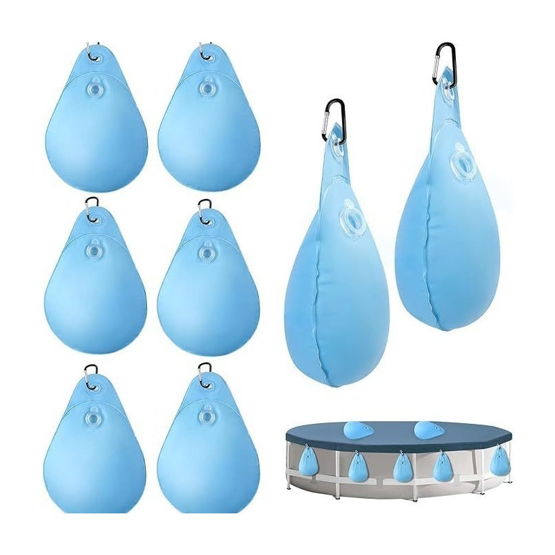 Zestaw 8 jasnoniebieskich worków wiszących na pokrywę basenową z haczykami 34,5 x 24 cm