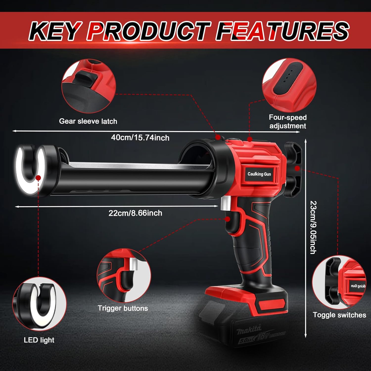 Pistolet à Cartouche Électrique Sans Fil – 300 ml, 4 Vitesses, LED – Compatible Batterie Makita 18V - 6