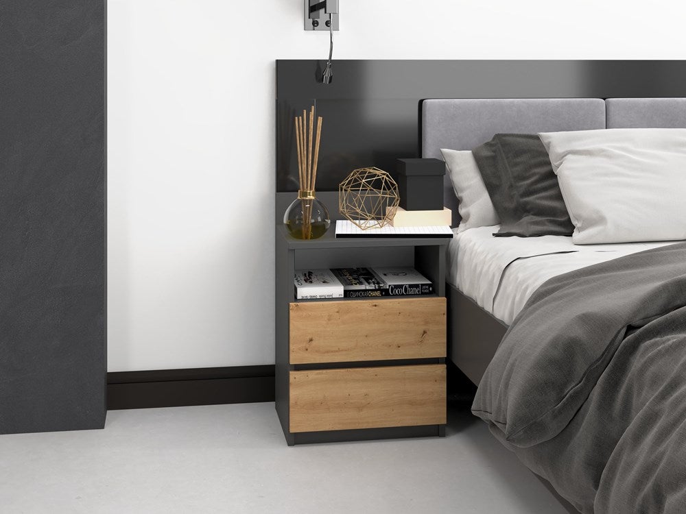 ASTER T1 - Table de chevet avec 2 tiroirs - 59x40x32 cm - Table de nuit - Style scandinave - Gris&Chêne - 6