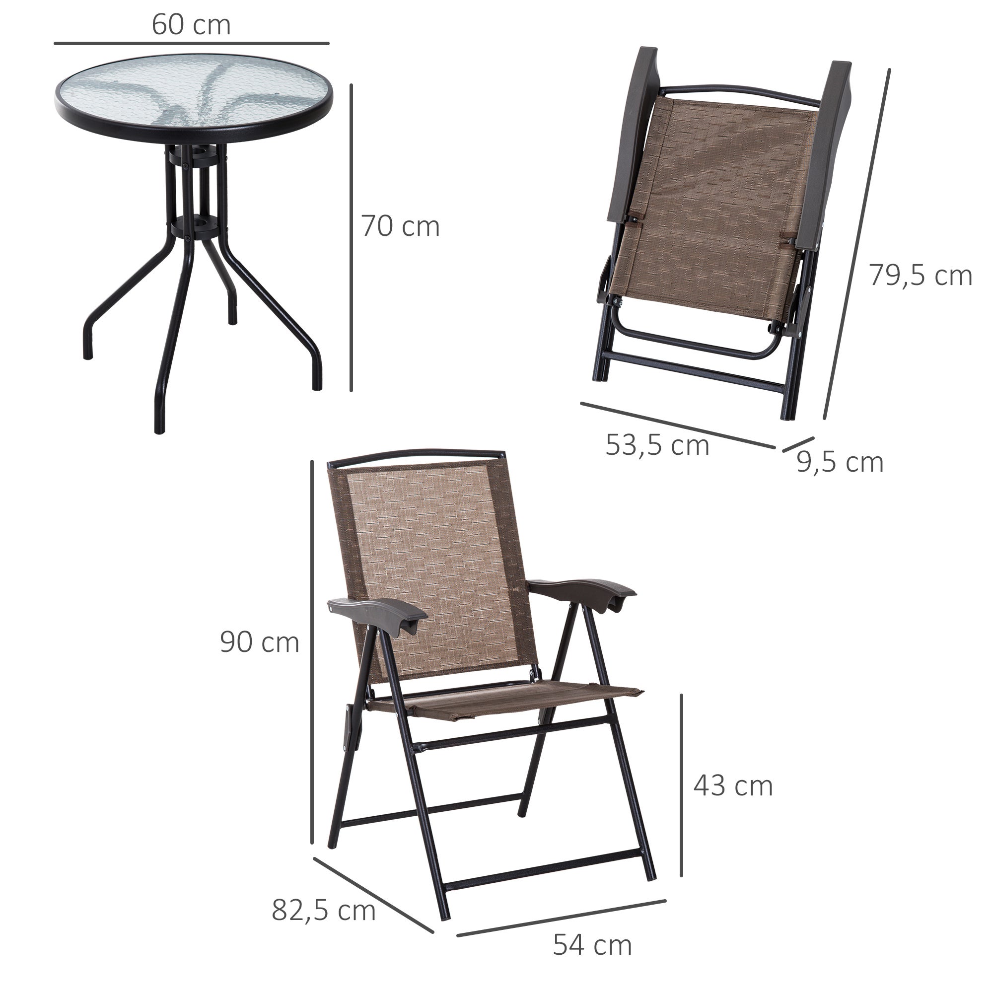 Ensemble Jardin 3 pièces : 2 chaises inclinables multi-positions pliables + table ronde verre trempé, métal/textilène, chocolat. - 5