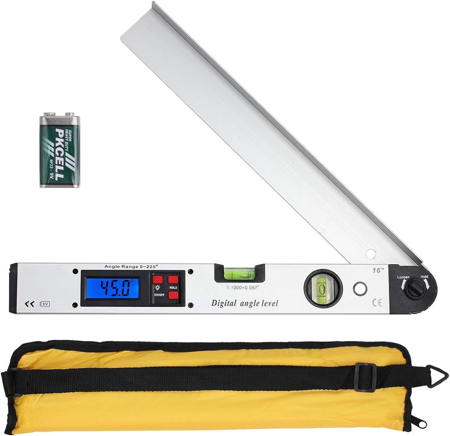 400mm / 16 cali 0~225 ° Cyfrowy Kątomierz Kątowy Poziomica z Podświetleniem LCD Cyfrowy Kątomierz z etui