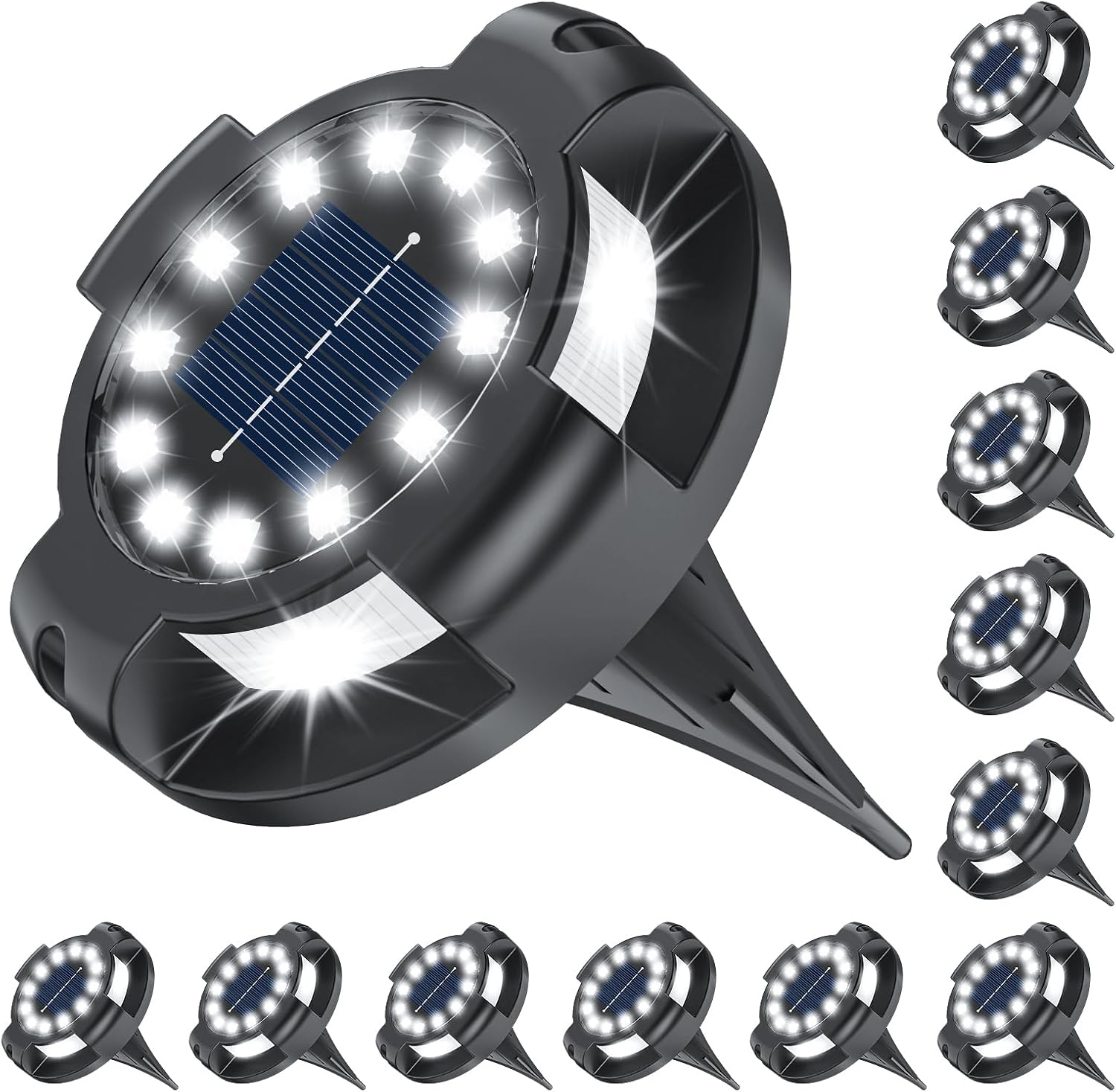 Zestaw 12 lamp solarnych zewnętrznych, 16 diod LED o jasnym białym świetle, solarne oświetlenie podłoża do alejek i chodników z oświetleniem bocznym