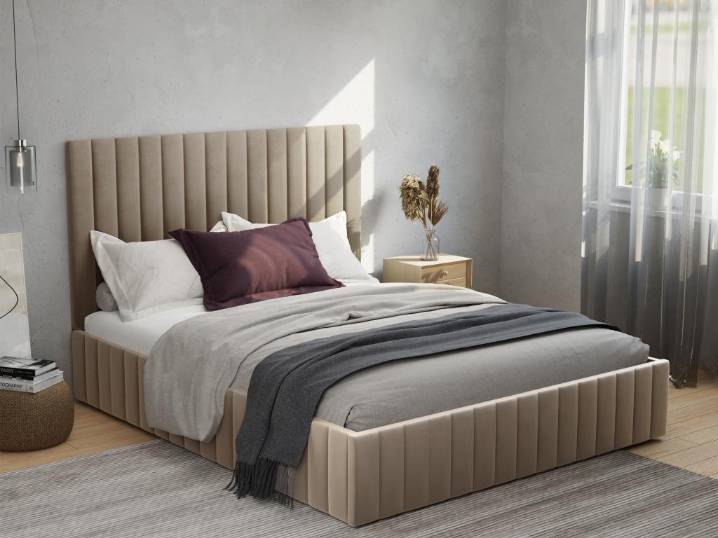 Łóżko ze skrzynią 160 x 200 cm i zagłówkiem z pionowymi przeszyciami – welur – Taupe + Materac - LARALI marki Pascal Morabito