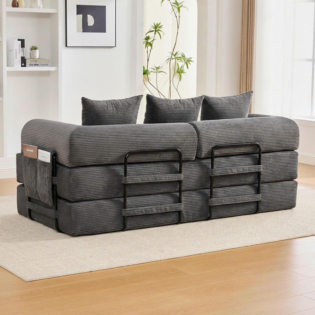 Canapé Modulaire Convertible Velours Côtelé Gris Foncé - Cadre Métal, 3 Coussins. Lit Salon Design Moderne 200cm - 2