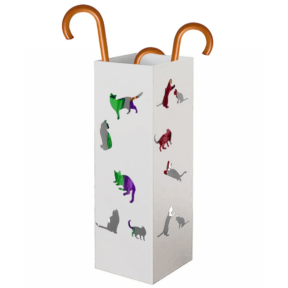 Baroni Home Portaombrelli Design Con Gatto - In Metallo Tortora, Con Vaschetta Scolapioggia, 15.5x15.5x49 Cm
