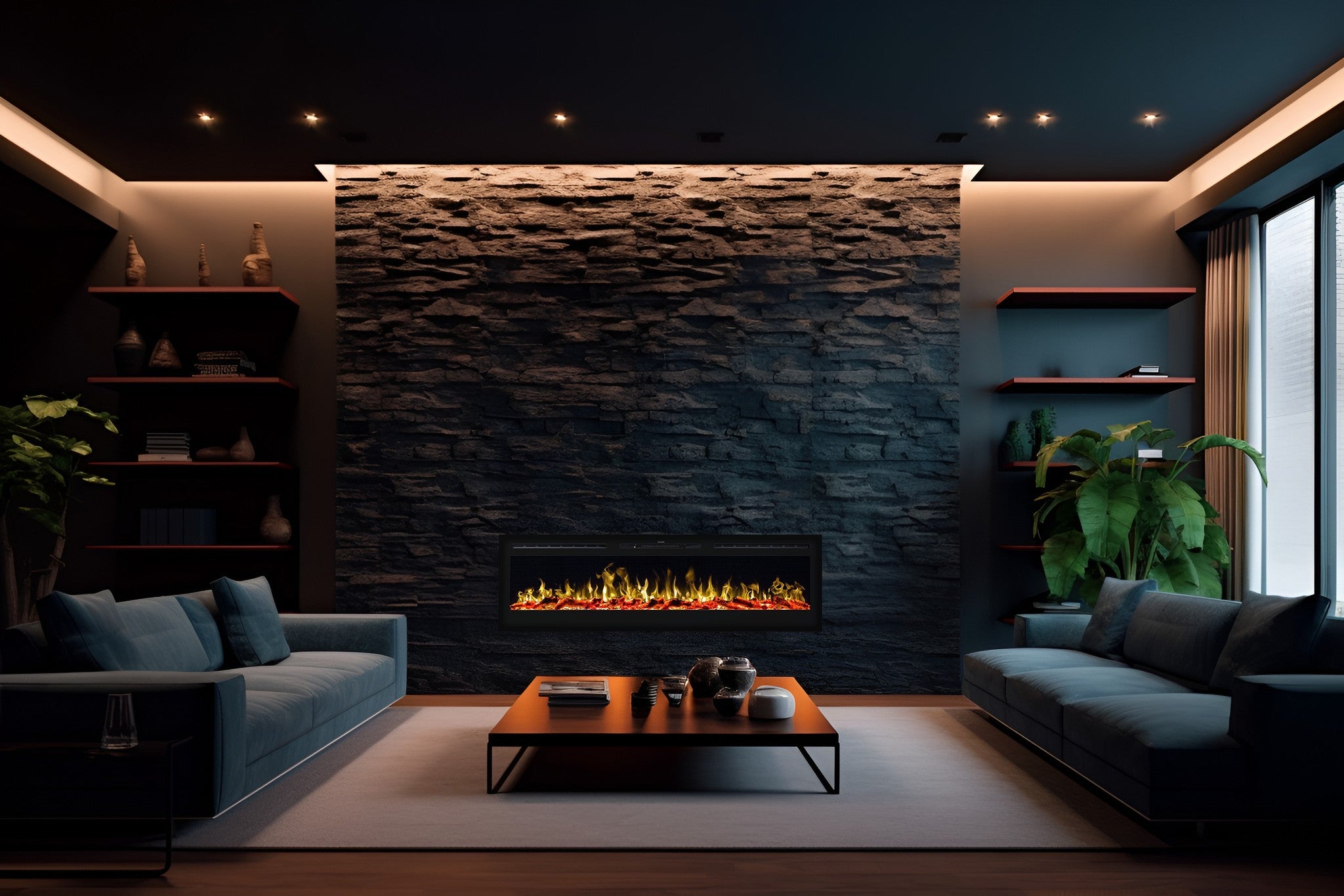 Cheminée électrique AFLAMO Majestic 50 - feu premium - murale ou encastrable - 128x55x14 cm - cheminée LED décorative avec chauffage 750/1500 W - 7