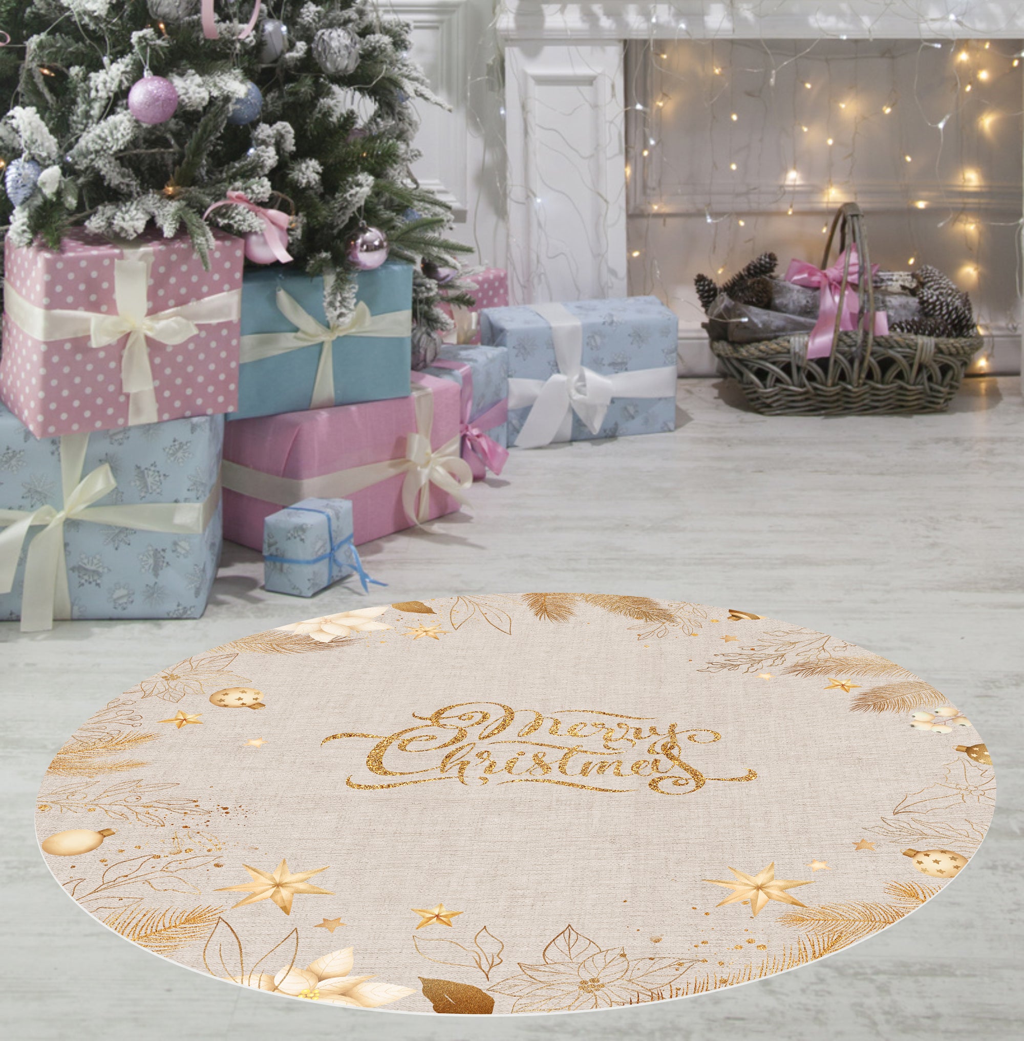 Winylowy dywan świąteczny Złoty i materiałowy [śr] 95 cm - PVC antypoślizgowy, wodoodporny, zmywalny, trudnopalny, styl świąteczny