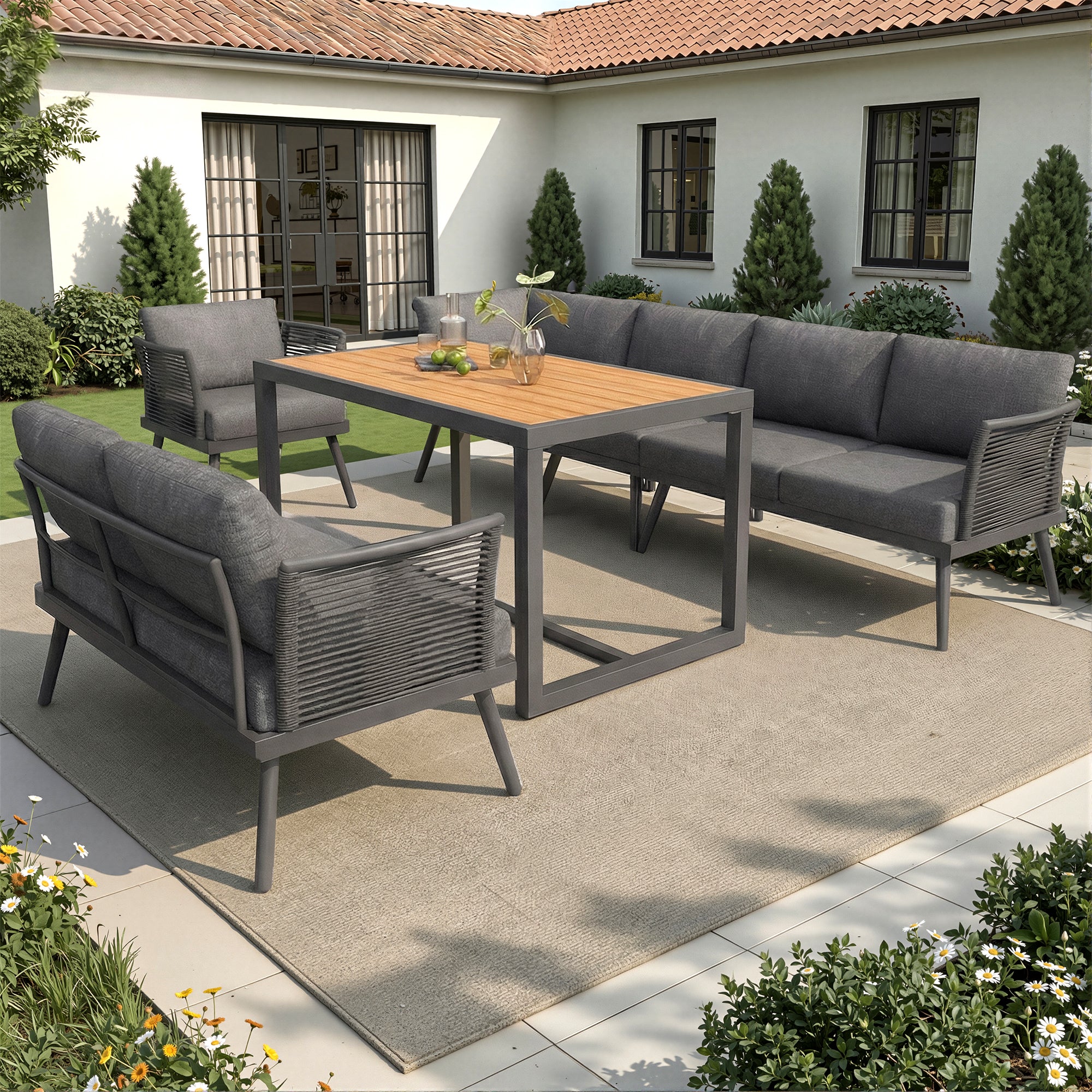 Ensemble de canapé de jardin 7 places,Canapé d'angle extérieur en forme de L avec coussin,main courante tressée,Ensemble de jardin imperméable,Gris - 3