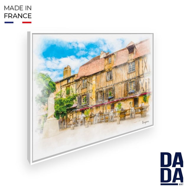 Tableau Place à Bergerac / 45x60cm / Cadre Blanc / Fabriqué en France / Toile encadrée / DADA ART