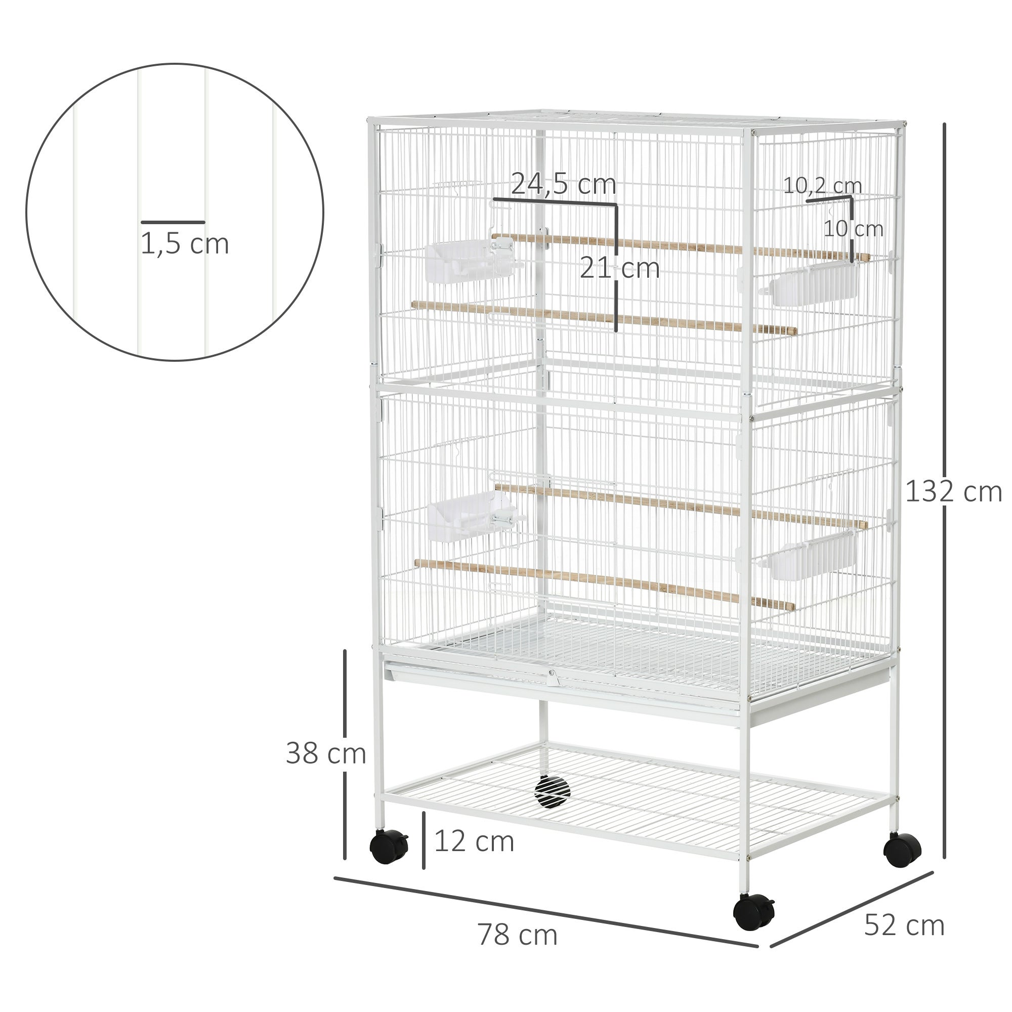 Gaiola para Pássaros com Rodas 78x52x132cm - 4 Portas, 4 Comedouros e Bandeja Amovível - Branco - 2
