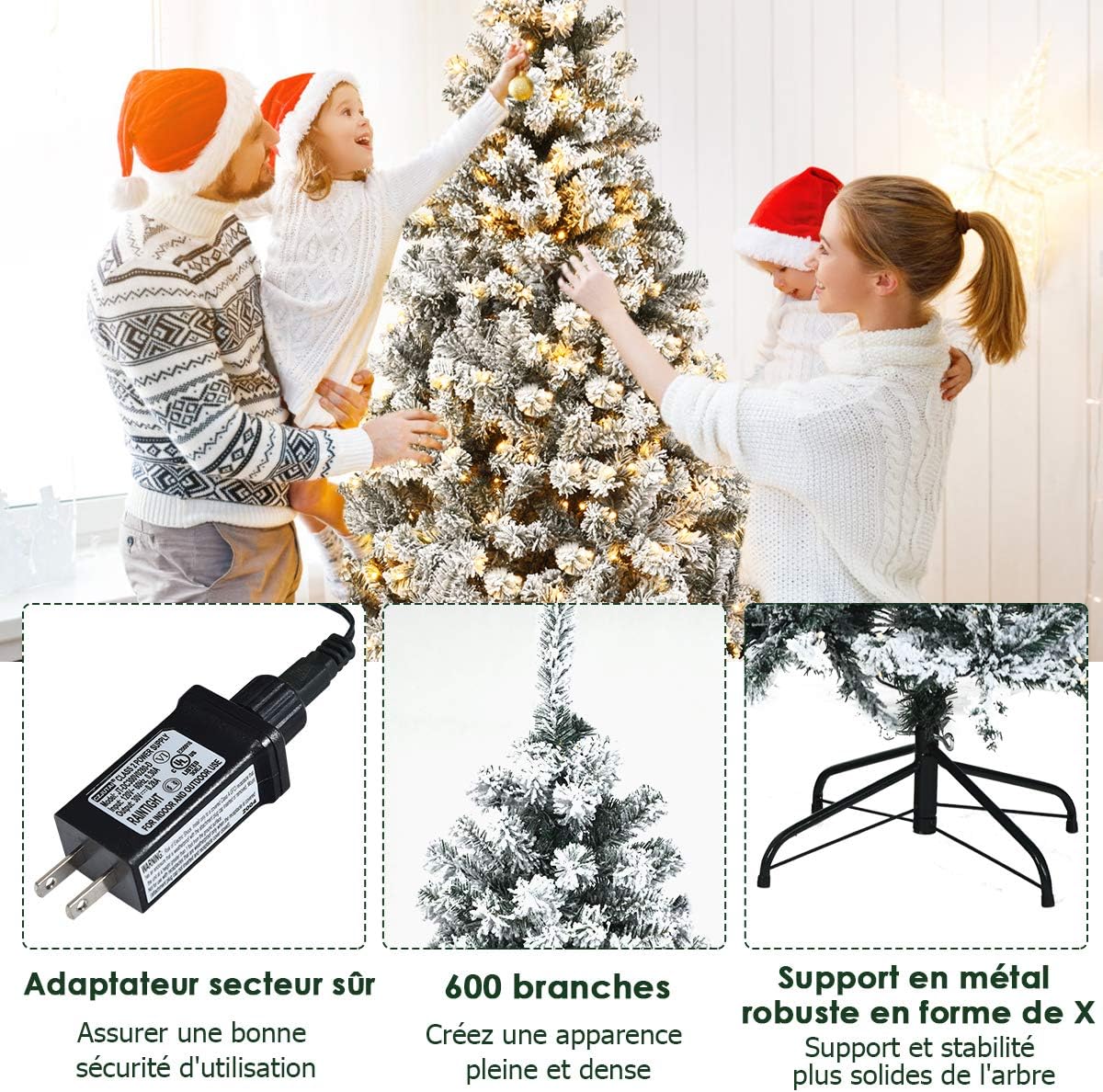 180cm Árbol de Navidad Flocado con 250 Luces LED, 600 ramas de PVC ignífugo con apertura automática, base de metal, blanco - 3