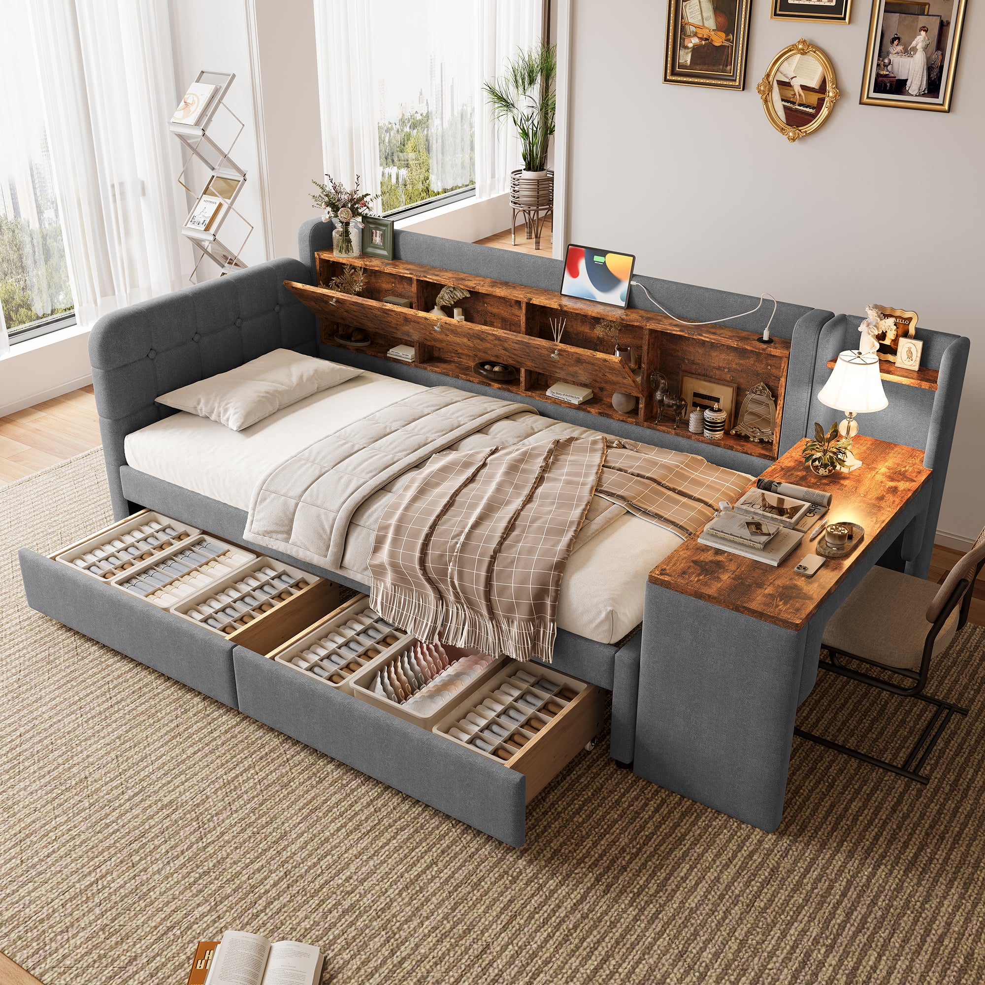 Daybett 90x200 cm z poduszką, 2 szuflady do przechowywania i biurkiem - Linen+MDF - USB+Type C - Szary/Beżowy