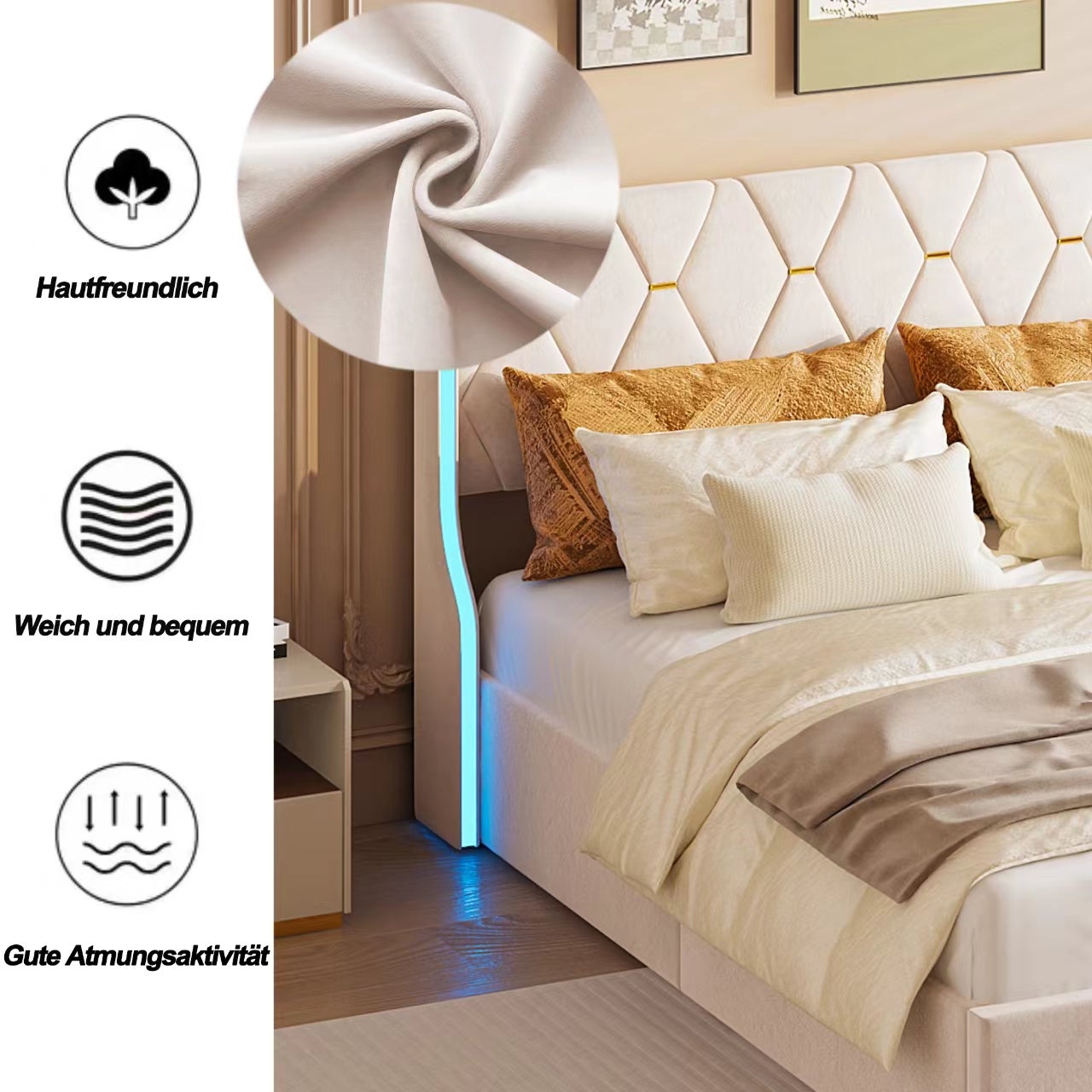 Cama Baúl 140x200 cm con Almacenamiento y LED, Cadre de Cama con Sommier de Listones, Tela de Velours - Color Beige - 5