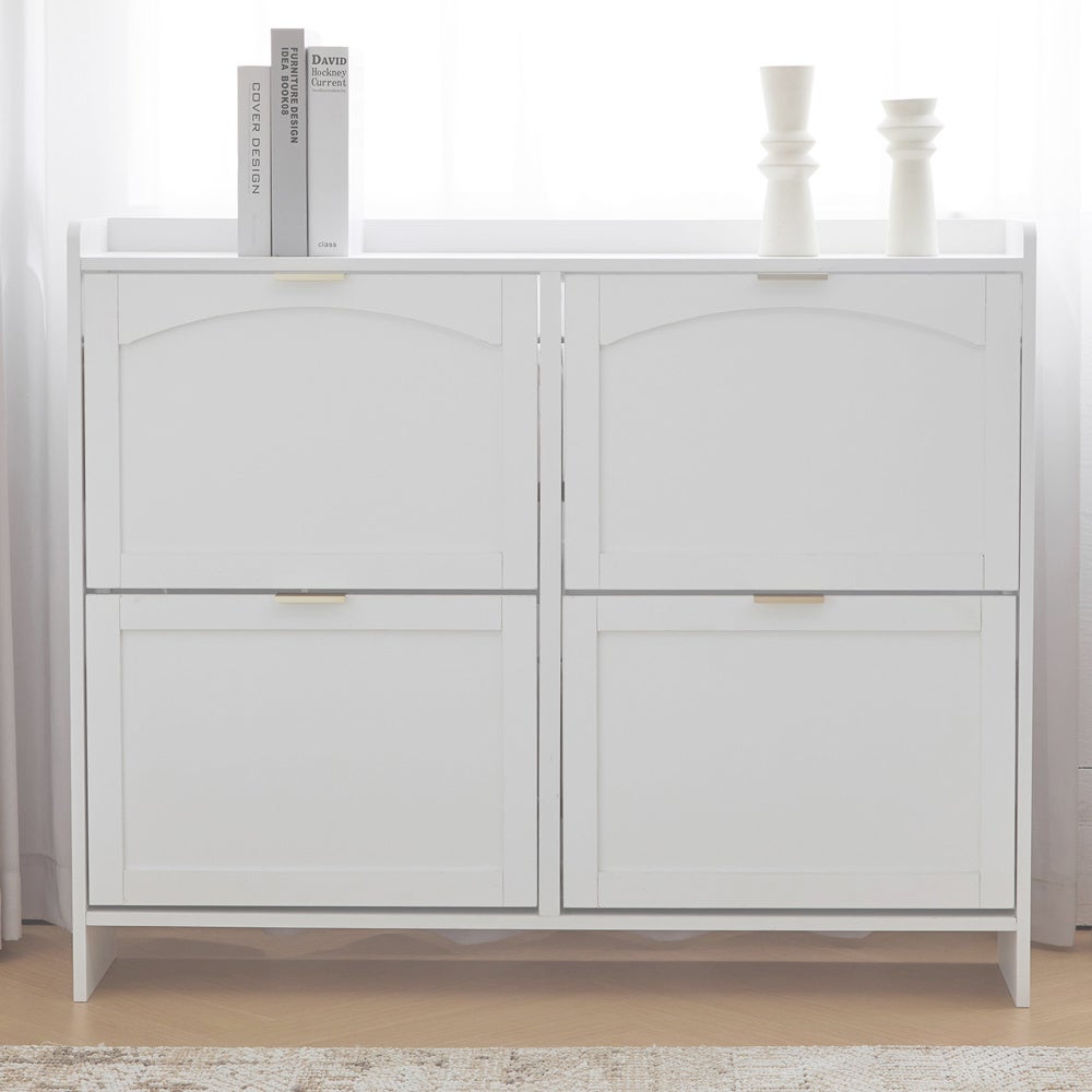 Armoire à chaussures moderne avec 4 compartiments, étagère ouverte, pour entrée ou couloir, blanc, L110/H90/P24 cm. - 6