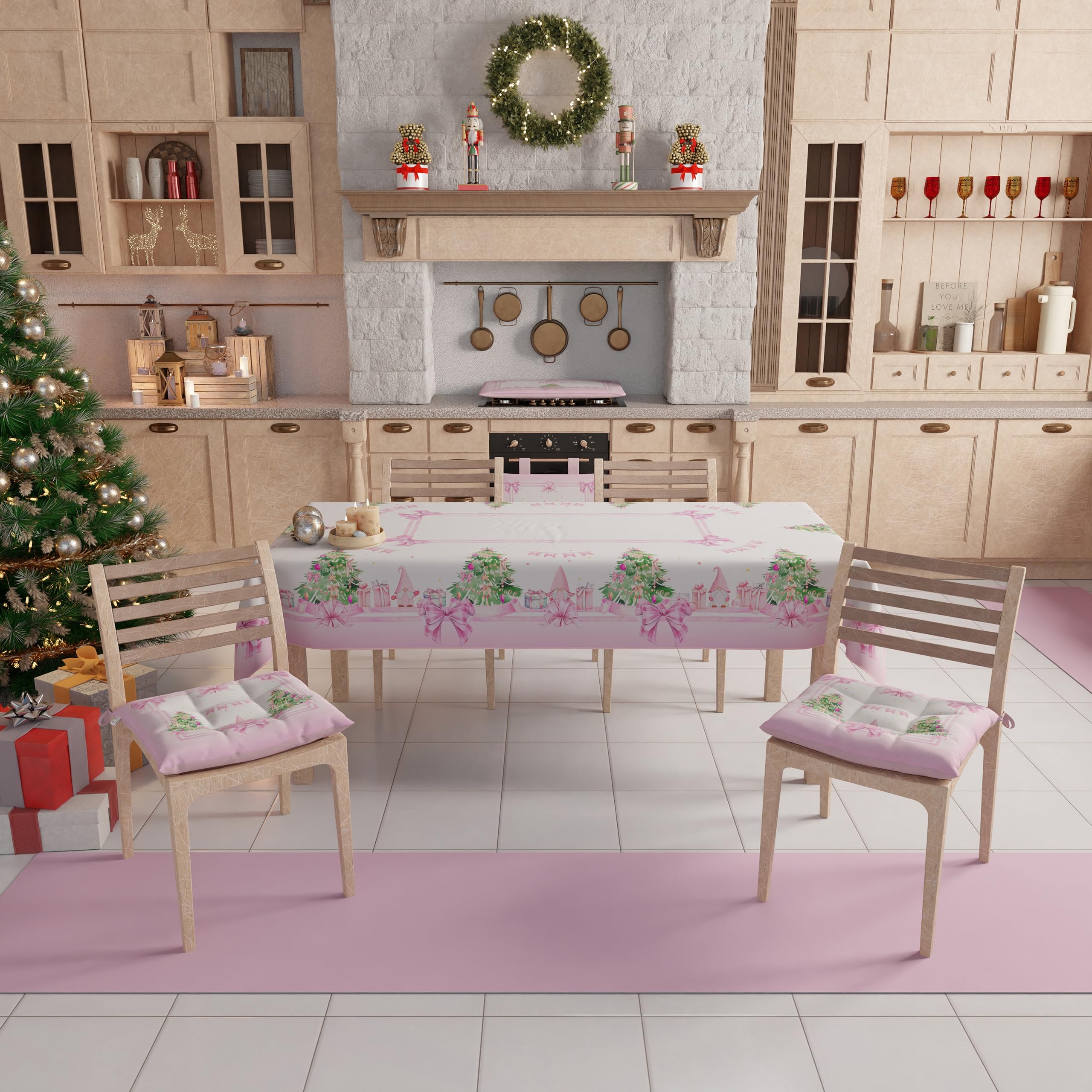 PETTI Artigiani Italiani - Tovaglia Natalizia Antimacchia Rettangolare Copritavolo Natalizio Cucina Disegno Gnomo Rosa X6 Posti (140x180 cm) 100% Made - 2