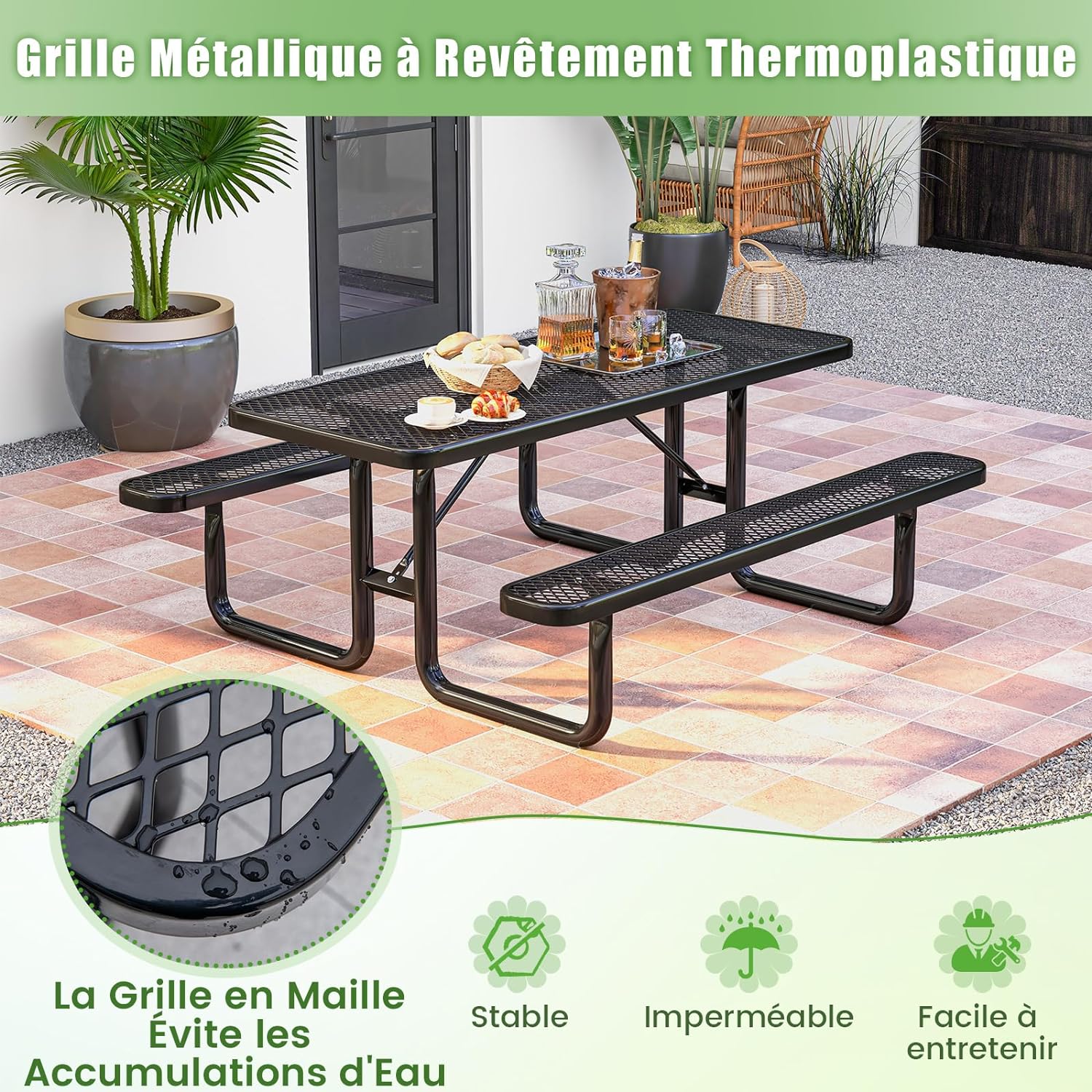 Set Tavolo da Picnic e Panca per 8 Persone, Tavolo da Campeggio Rettangolare da 184 cm e con Sedute e Griglia a Maglia, Tavolo da Esterno per - 4