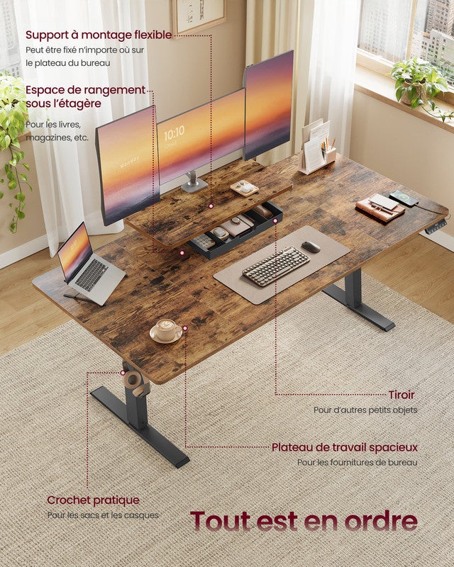 Bureau Électrique Réglable en Hauteur, 160 x 80 cm, Support d'Écran à Montage Flexible, Tiroir, Port USB-C, Rappel de Sédentarité,Marron Rustique - 4