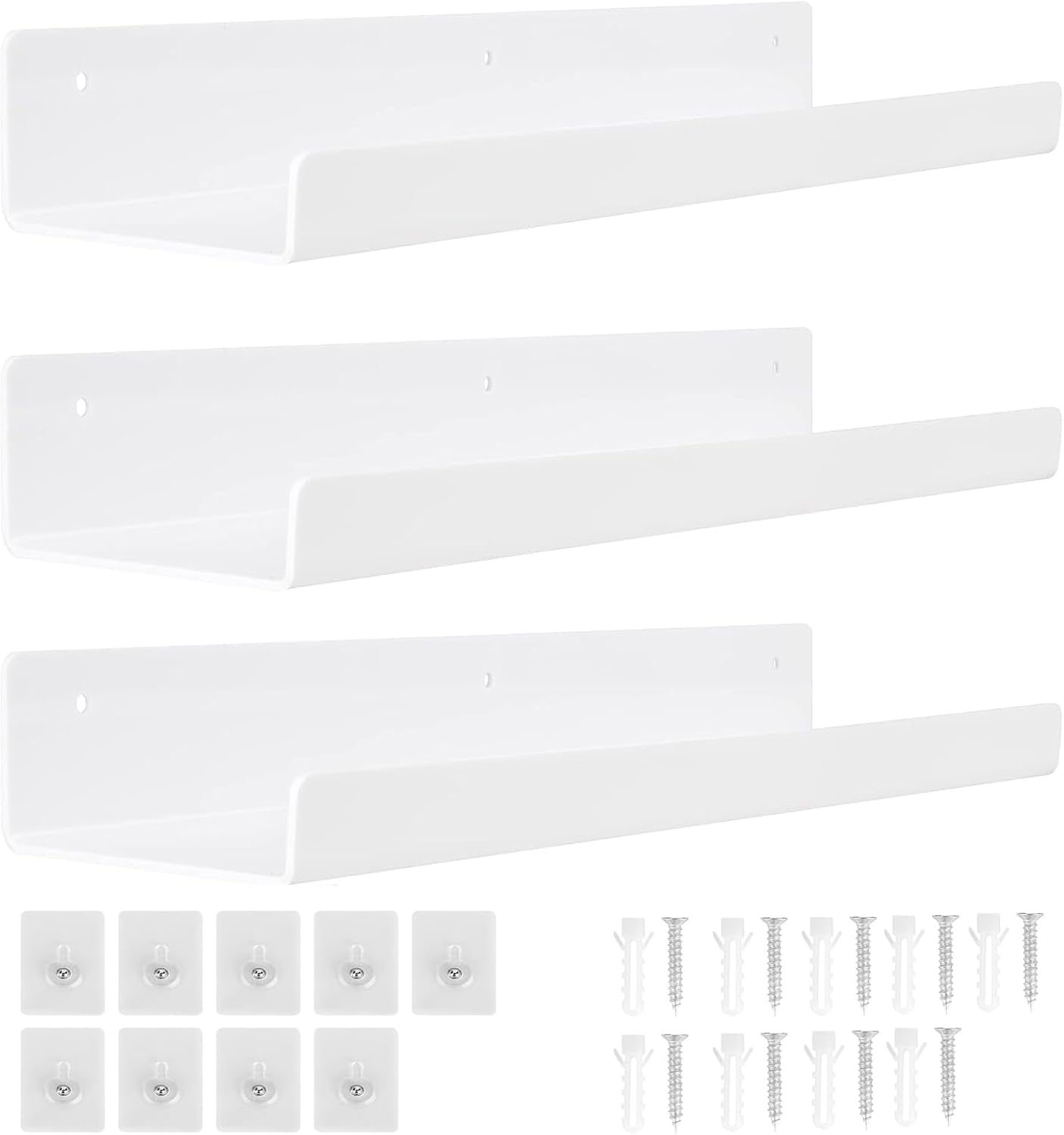Zestaw 3 akrylowych półek ściennych, 38 cm, idealny do sypialni, łazienki, salonu, kuchni i dekoracji pokoju (biały)