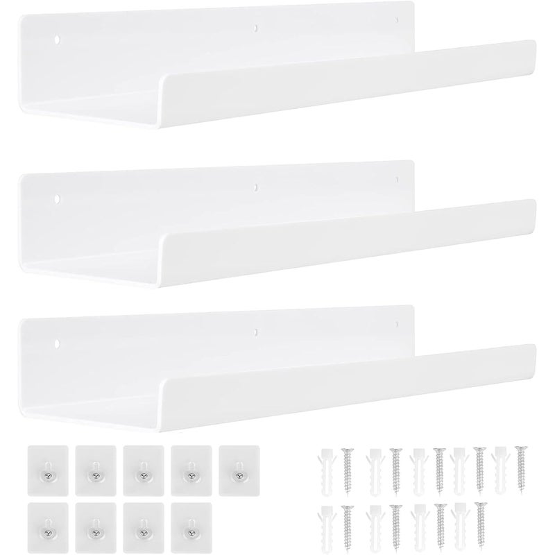 Zestaw 3 akrylowych półek ściennych, 38 cm, idealny do sypialni, łazienki, salonu, kuchni i dekoracji pokoju (biały)