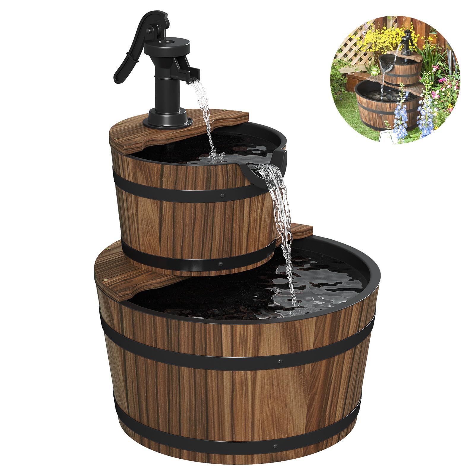 Fuente de madera de dos niveles con efecto cascada — fuente de agua rústica con barril de madera y bomba eléctrica — ideal para jardines y patios
