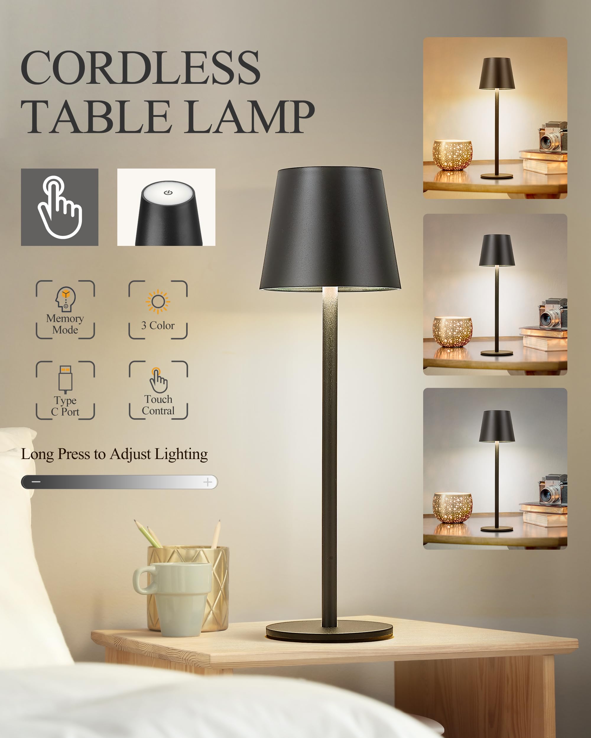 HYMZP Lampada da Tavolo Senza Fili,5000mAh Ricaricabile LED Eye-Protect Lampada da Tavolo,Dimmerabile, Lampada in metallo, per Sala da Pranzo,Camera da Letto,All'aperto(Nero