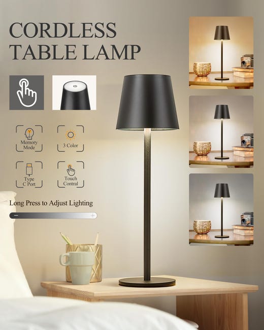 HYMZP Lampada da Tavolo Senza Fili,5000mAh Ricaricabile LED Eye-Protect Lampada da Tavolo,Dimmerabile, Lampada in metallo, per Sala da Pranzo,Camera da Letto,All'aperto(Nero HYMZP Lampada da Tavolo Senza Fili,5000mAh Ricaricabile LED Eye-Protect Lampada da Tavolo,Dimmerabile, Lampada in metallo, per Sala da Pranzo,Camera da Letto,All'aperto(Nero