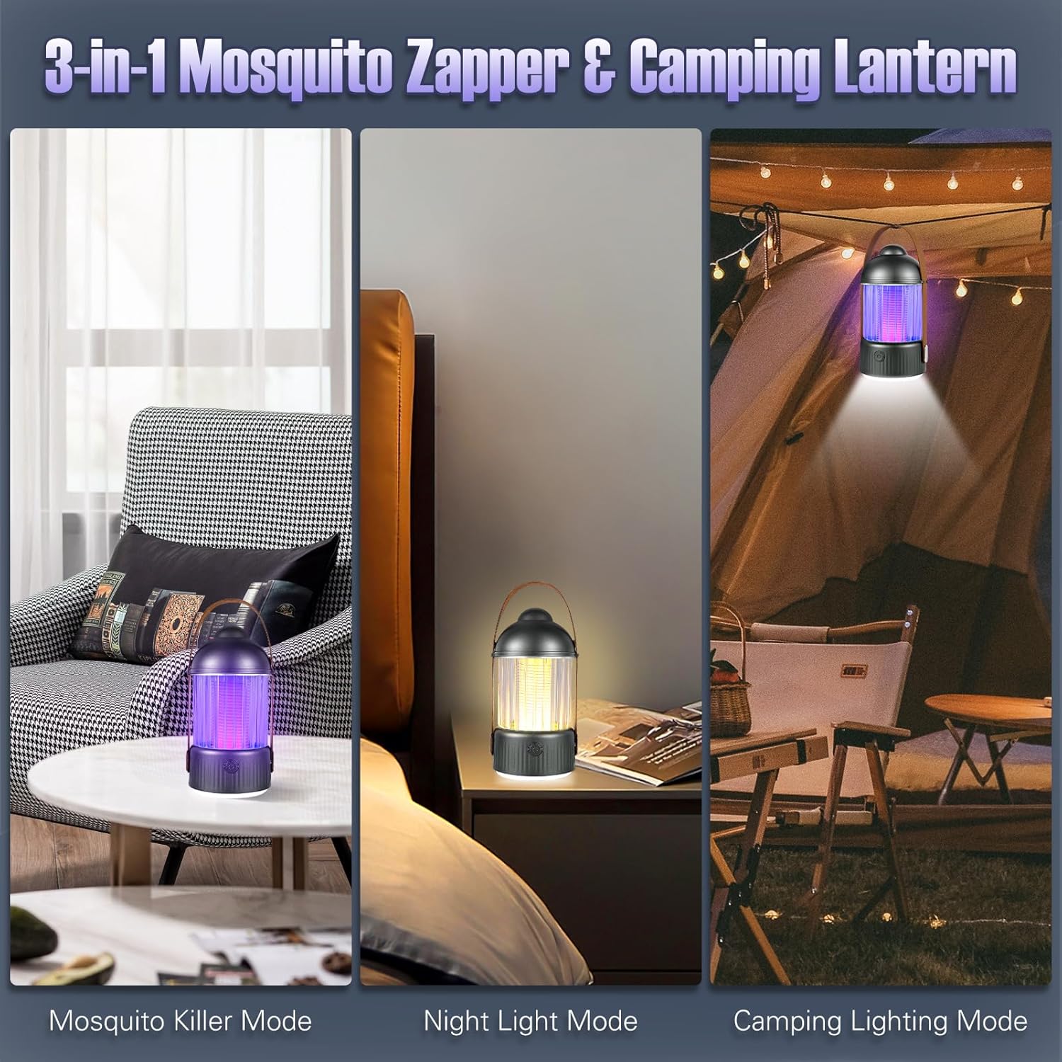 Lampe Anti Moustique, 4000mAh Piège à Mouche Rechargeable USB, UV Tue Mouche Electrique avec Veilleuse Fonction, pour Mouche, Moustiques, Insectes - 4
