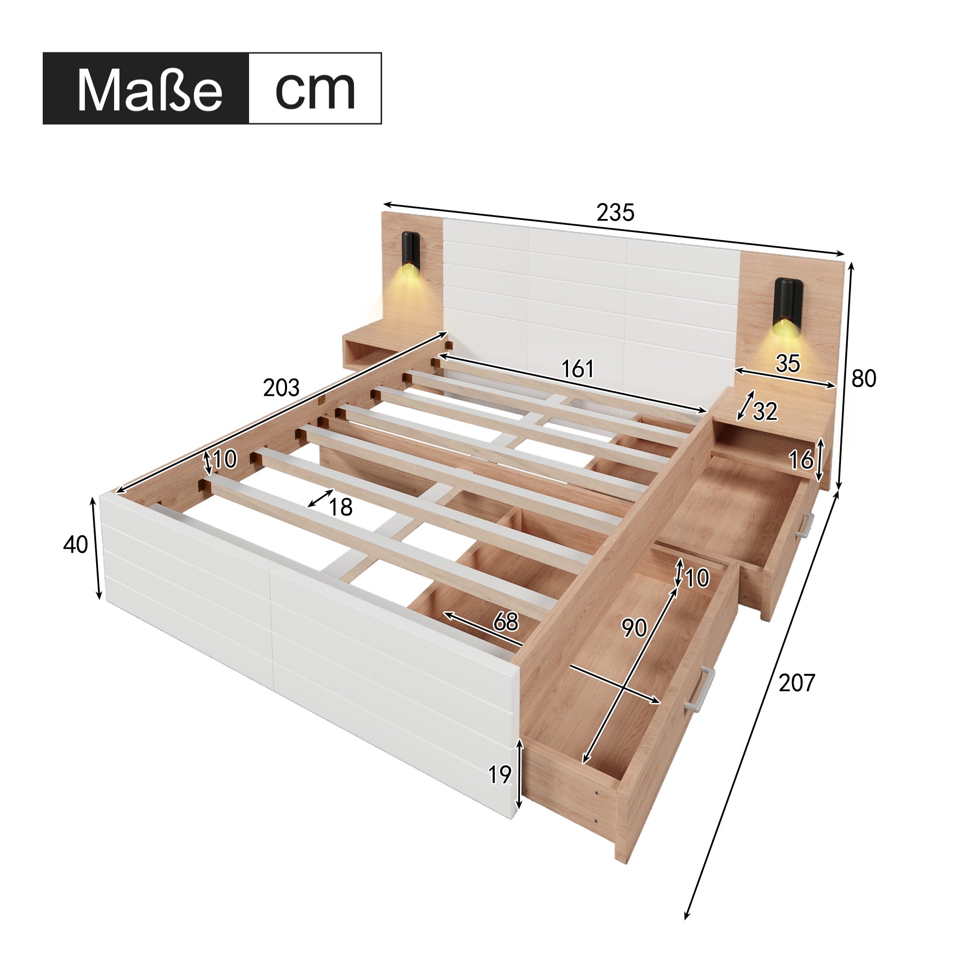 Lit double 160x200 cm avec 2 tiroirs et USB, bois et MDF, blanc, avec matelas - 4