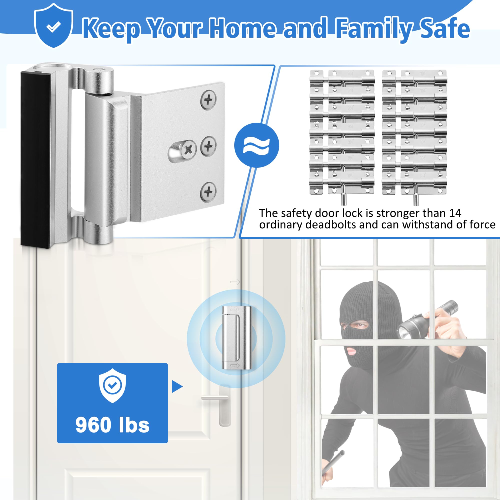 Serratura di rinforzo per porte, serratura di sicurezza per porte domestiche, serrature per porte a prova di casa Resiste a 800 libbre - 2