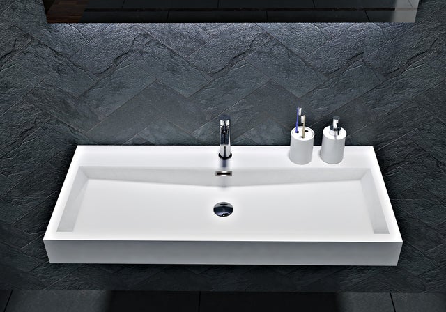 BERNSTEIN - Lavabo de pared/sobre encimera de mármol fundido BS6002 - blanco - 100x42x10cm - con orificio pretaladrado