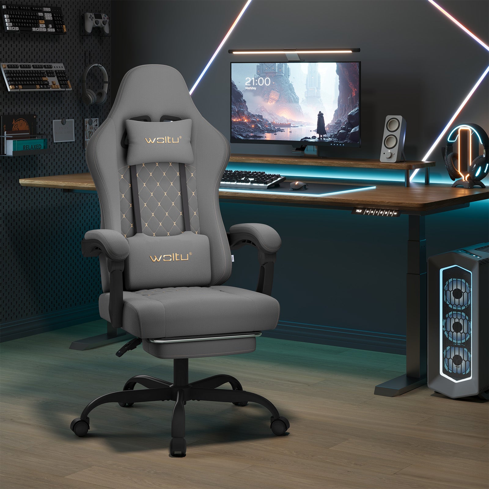 WOLTU Chaise Gaming Massante，Fauteuil Gamer，Chaise Ergonomique，Appui-tête，Repose-Pieds，Charge 150kg，Tissu Maille，Gris+Jaune - 2