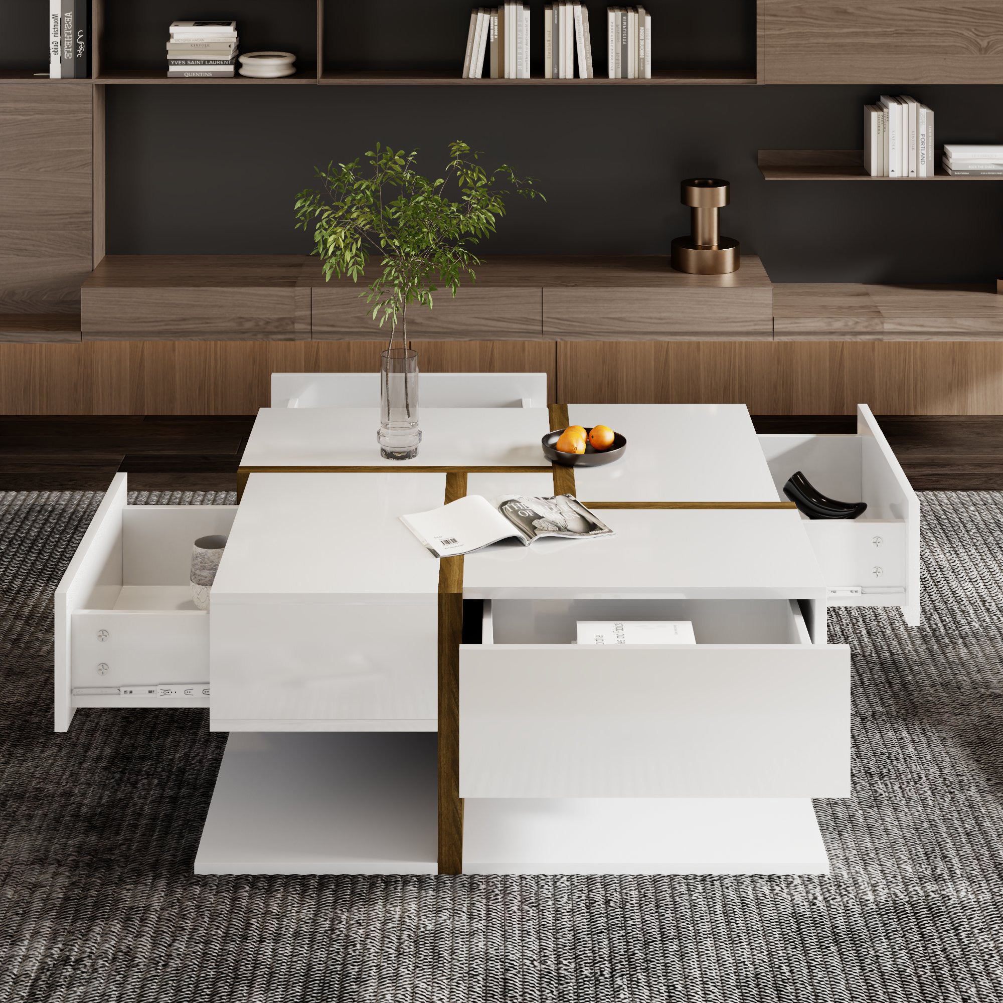 Table Basse Laquée avec Espace de Rangement Inférieur, Design Moderne à Lignes Bois, en Panneau de Particules Blanc et Couleur Bois 78×78×34,8 cm - 2