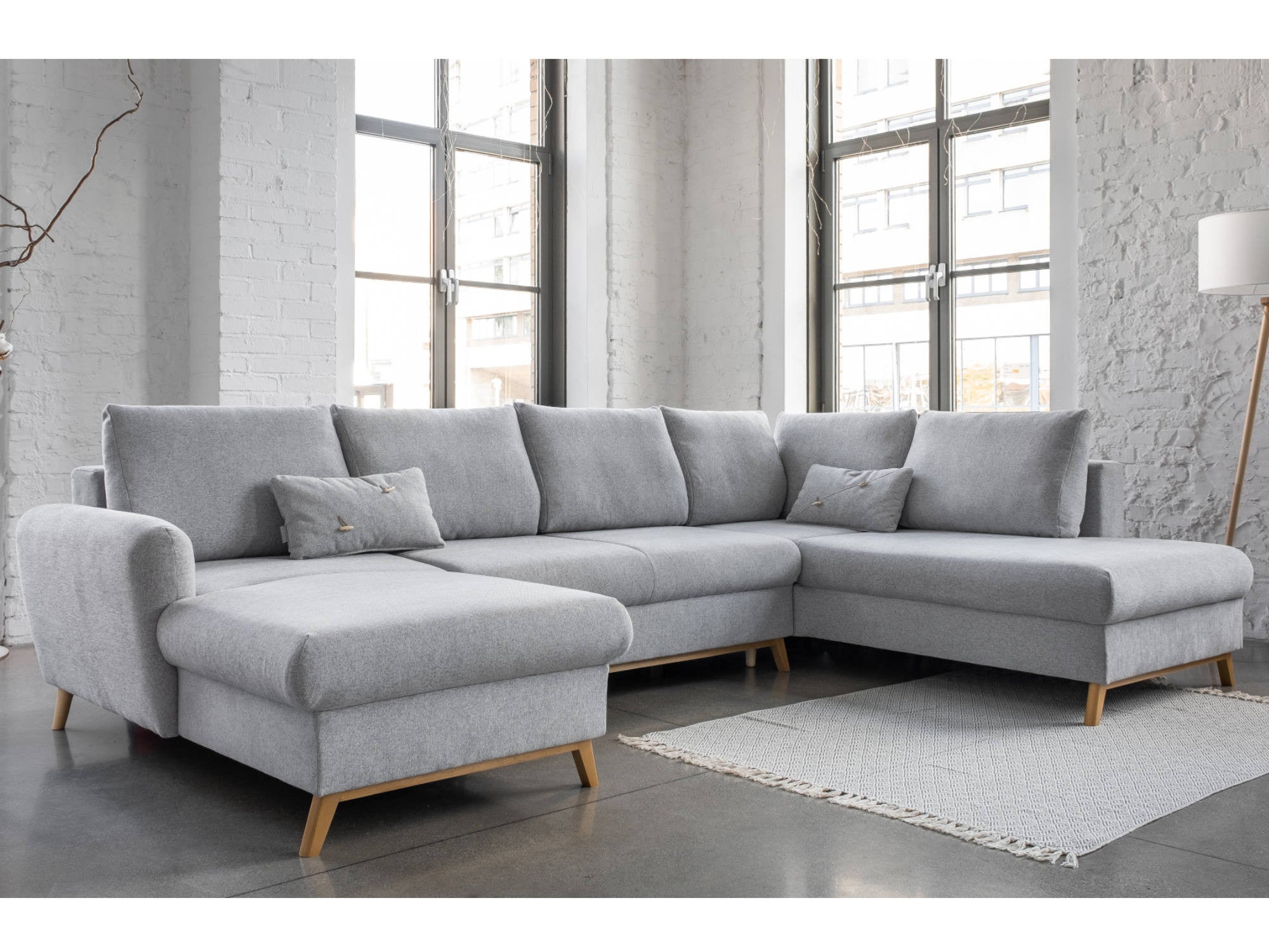 Canapé panoramique angle droit 7 places convertible en tissu - gris