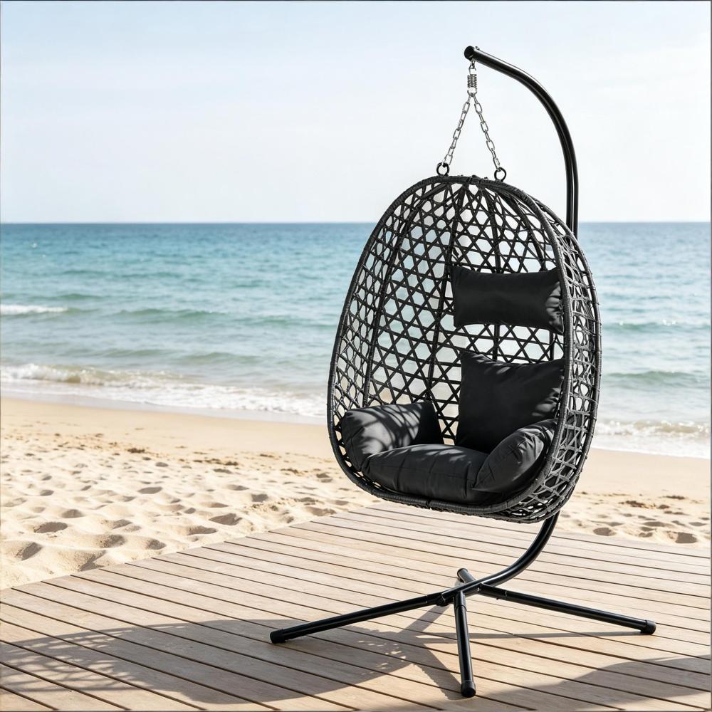 Fauteuil suspendu en rotin, hauteur réglable, chaise œuf moderne anthracite, balançoire intérieur extérieur, structure métal robuste - 2