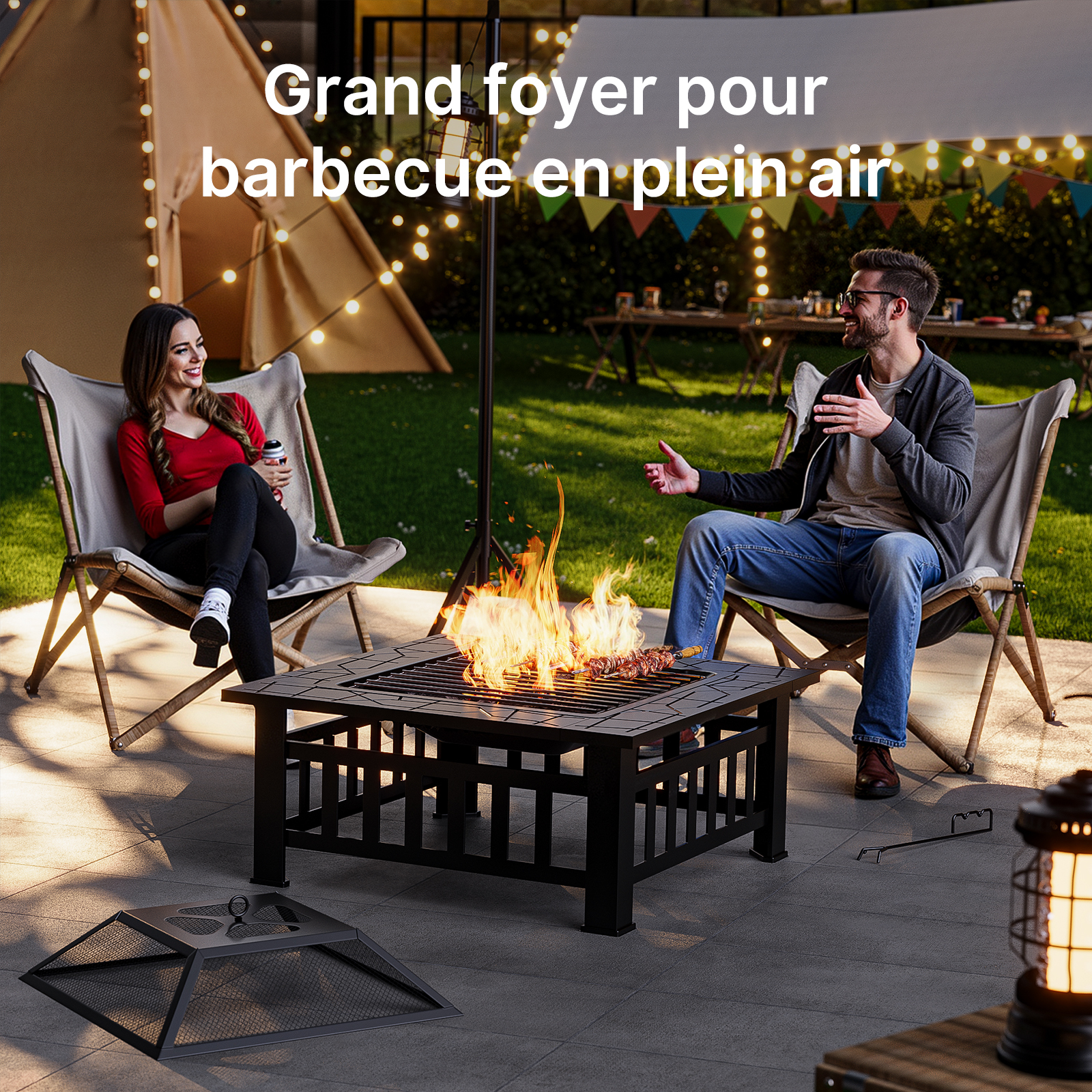 Brasero Extérieur Carré Acier 81 x 81 x 48 cm- 3 en 1 avec Fonction Barbecue&nbsp;avec Grille Tisonnier et Couvercle Bealife - 2