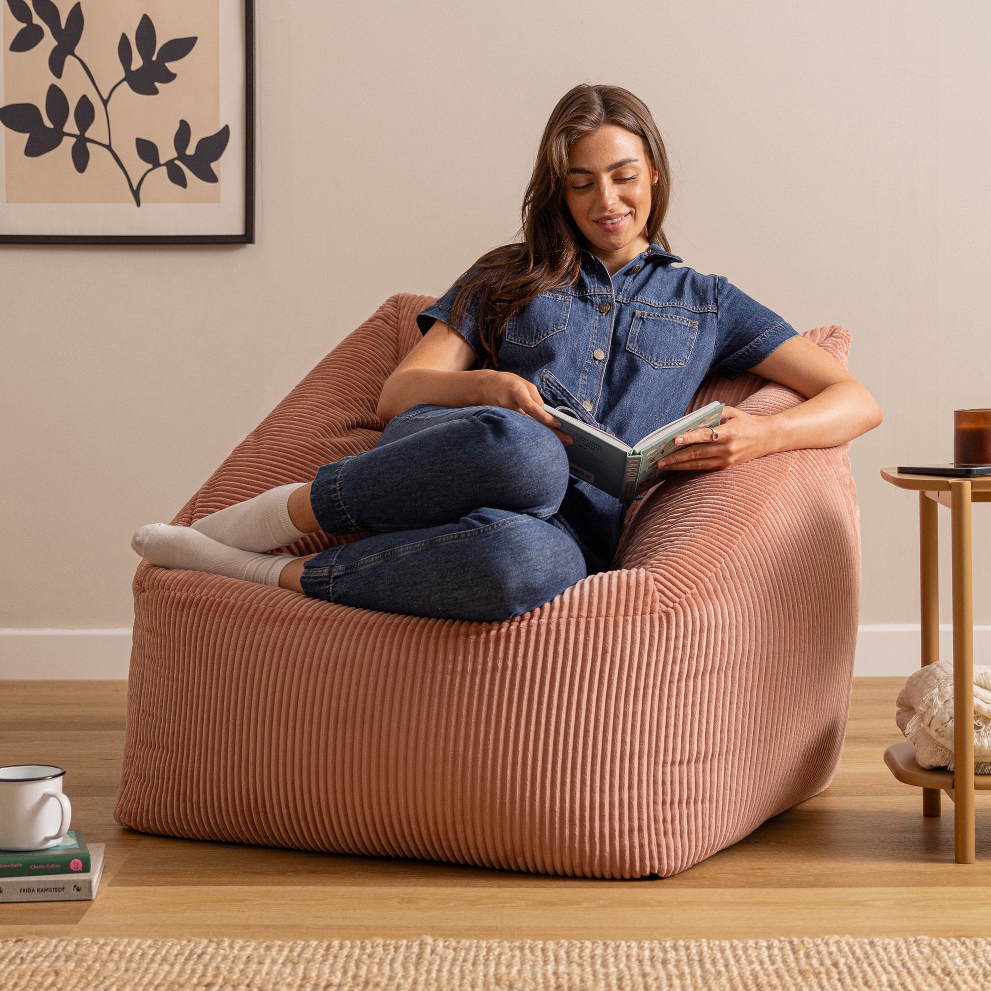 Pouf fauteuil Icon velours côtelé rose aube, salon, chambre, 97x84cm Oeko-Tex® - 3